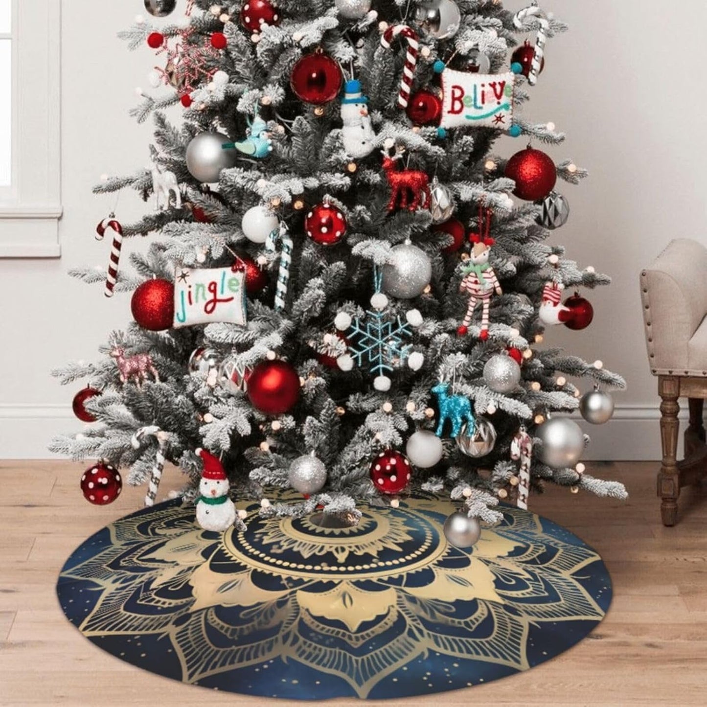 36" Elegant Gold Mandala Christmas Tree Skirt, Blue Galaxy Tree Mat Base Cover for Xmas Festive Holiday Party Decoration Ornaments