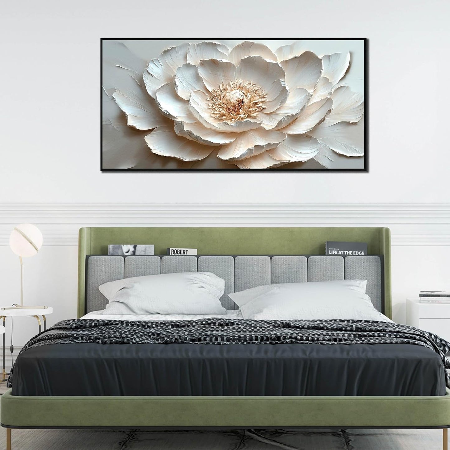 Flower Art Wall Decor for Living Room - White Canvas Wall Art for Office - Large Black Framed Wall Art for Bedroom Size 29" x 59"