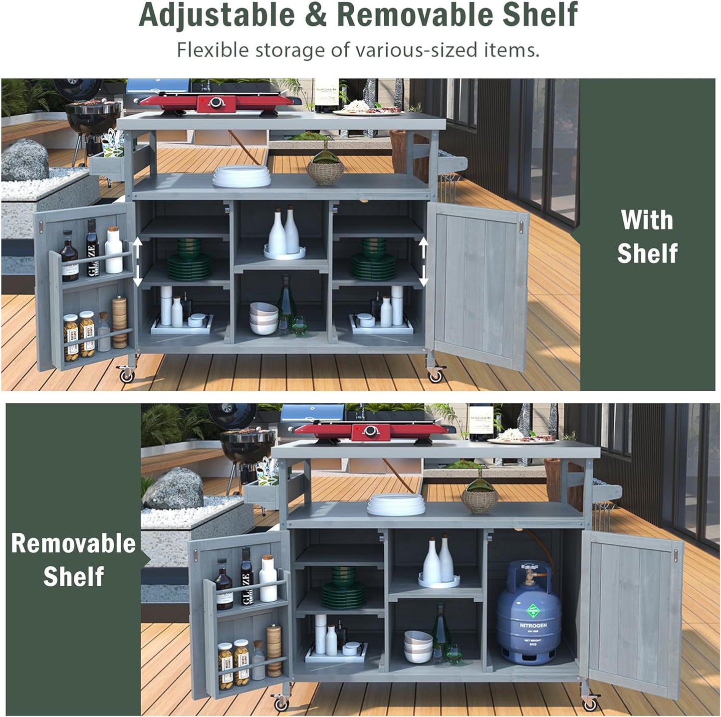 50.25" Outdoor Kitchen Island with Rolling Bar Cart & Storage Cabinet, Farmhouse Solid Wood Grill Table with Stainless Steel Top, Spice Rack & Towel Rack for Kitchen & BBQ (Grey Blue)