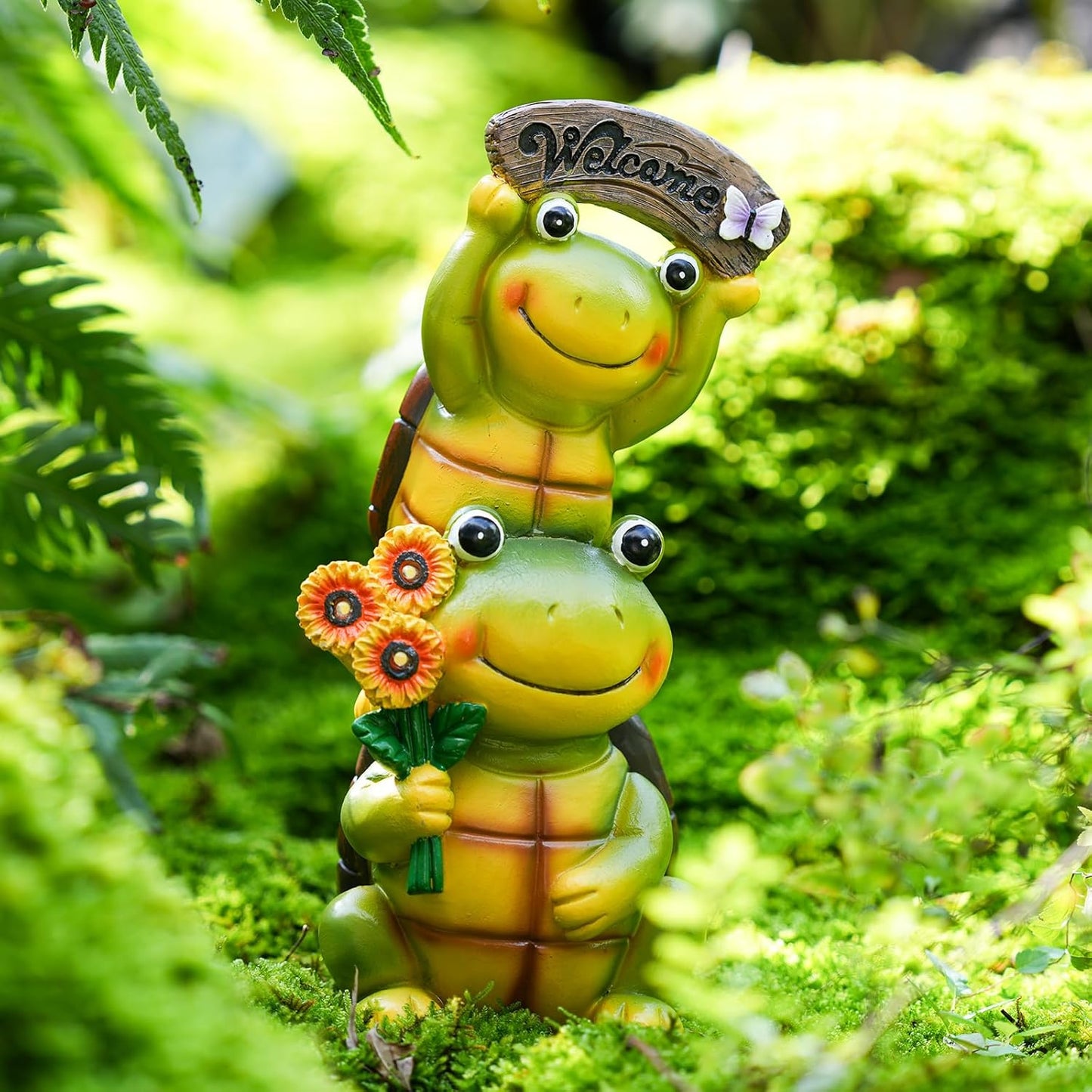 Garden Turtle Outdoor Statues, Solar Garden Statue Two Sweet Frog Face Turtles Decor with 3 LED Lights, Unique Art Resin Gifts for Patio Lawn Porch Yard