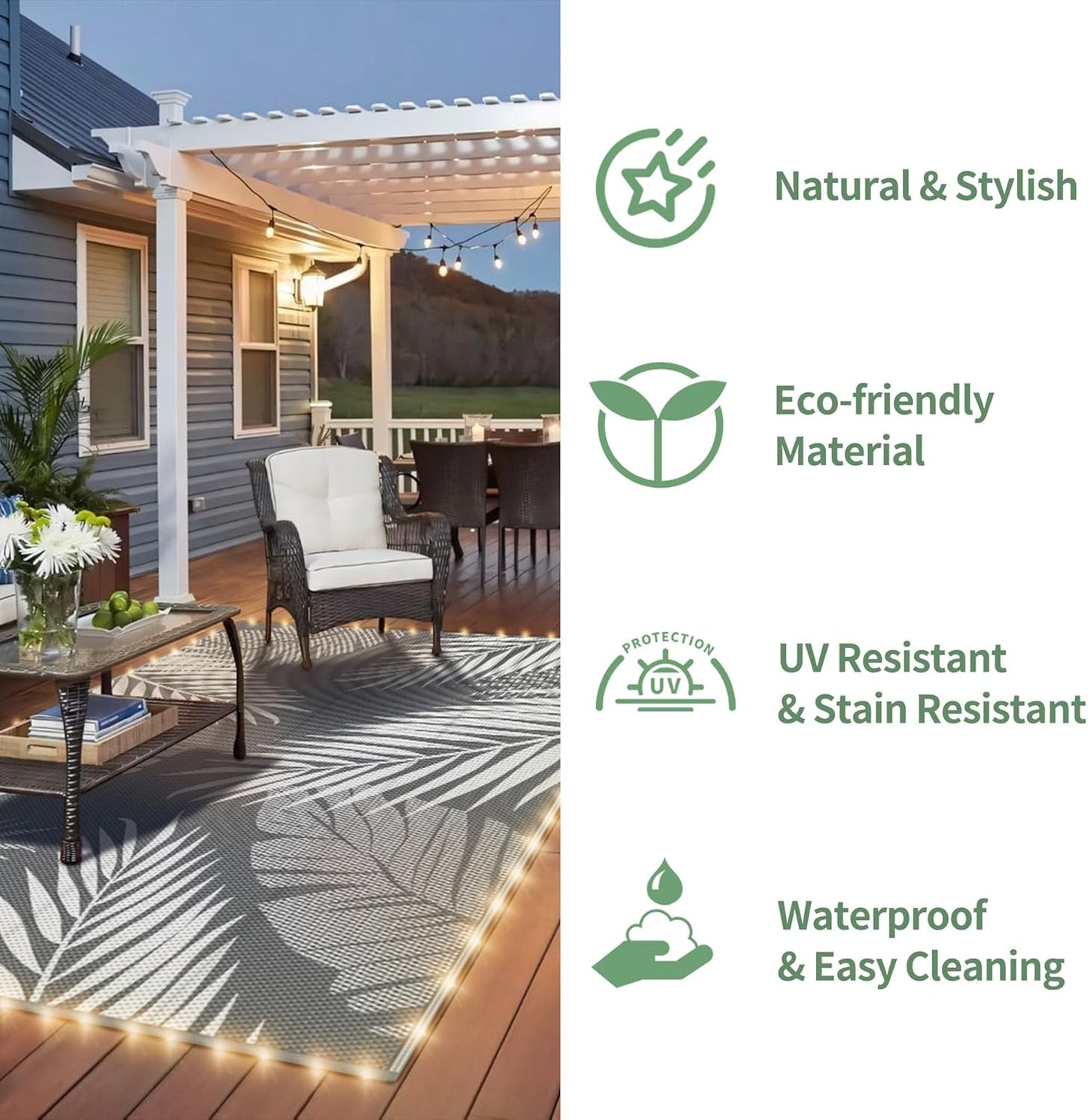 GENIMO Outdoor Rug 8' x 10' Waterproof for Patios Clearance, Reversible Outdoor Plastic Straw Camping Rug Carpet with LED String Light, Area Rugs Mats for RV, Camper, Deck, Balcony, Porch, Grey&White