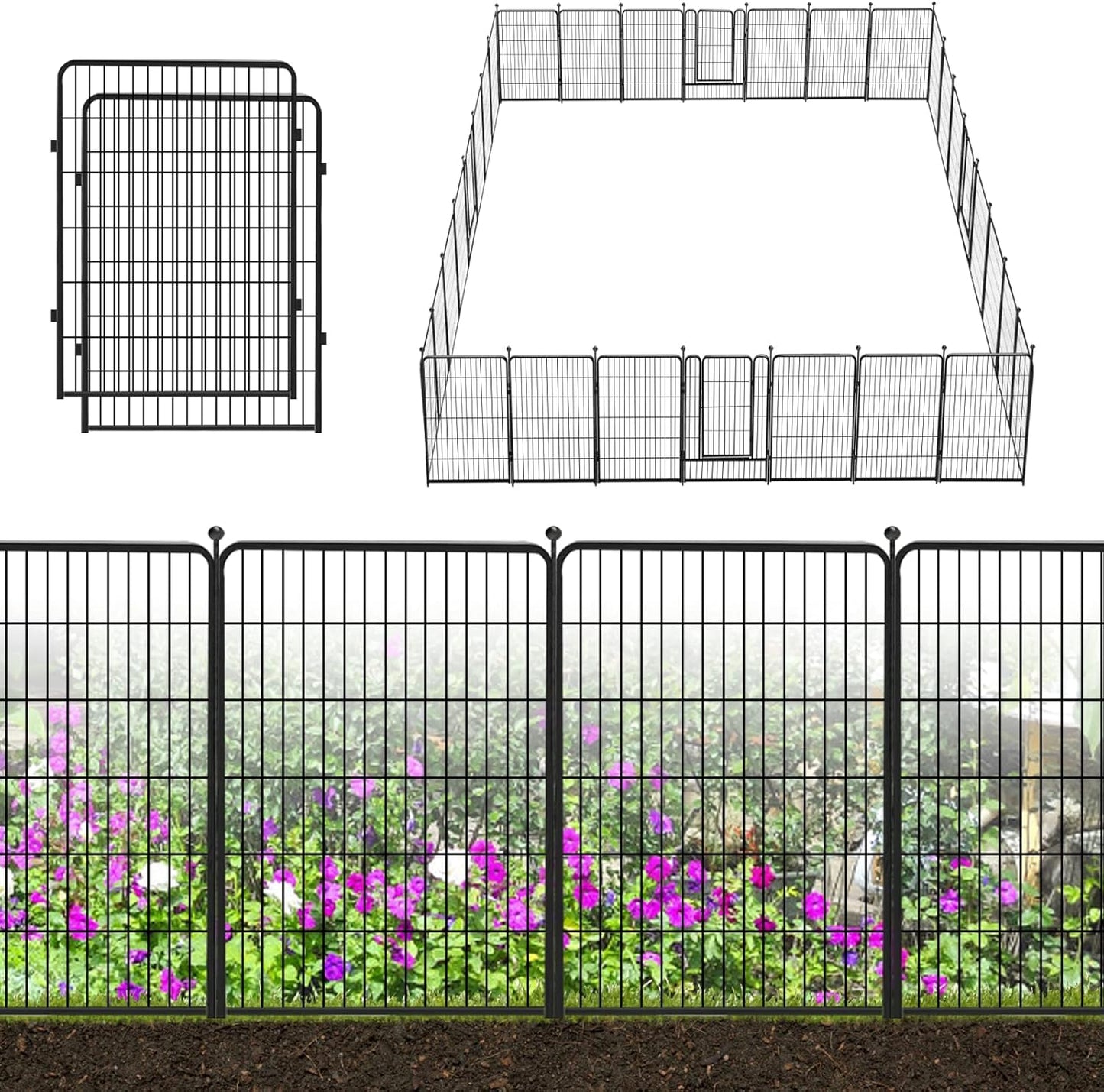 Decorative Black Metal Fencing Garden Fence with Gate, 67ft(L) 40in(H) 30 Fence Panels No Dig Fence Rustproof Animal Barrier Fence Temporary Dog Panels Fencing Outdoor