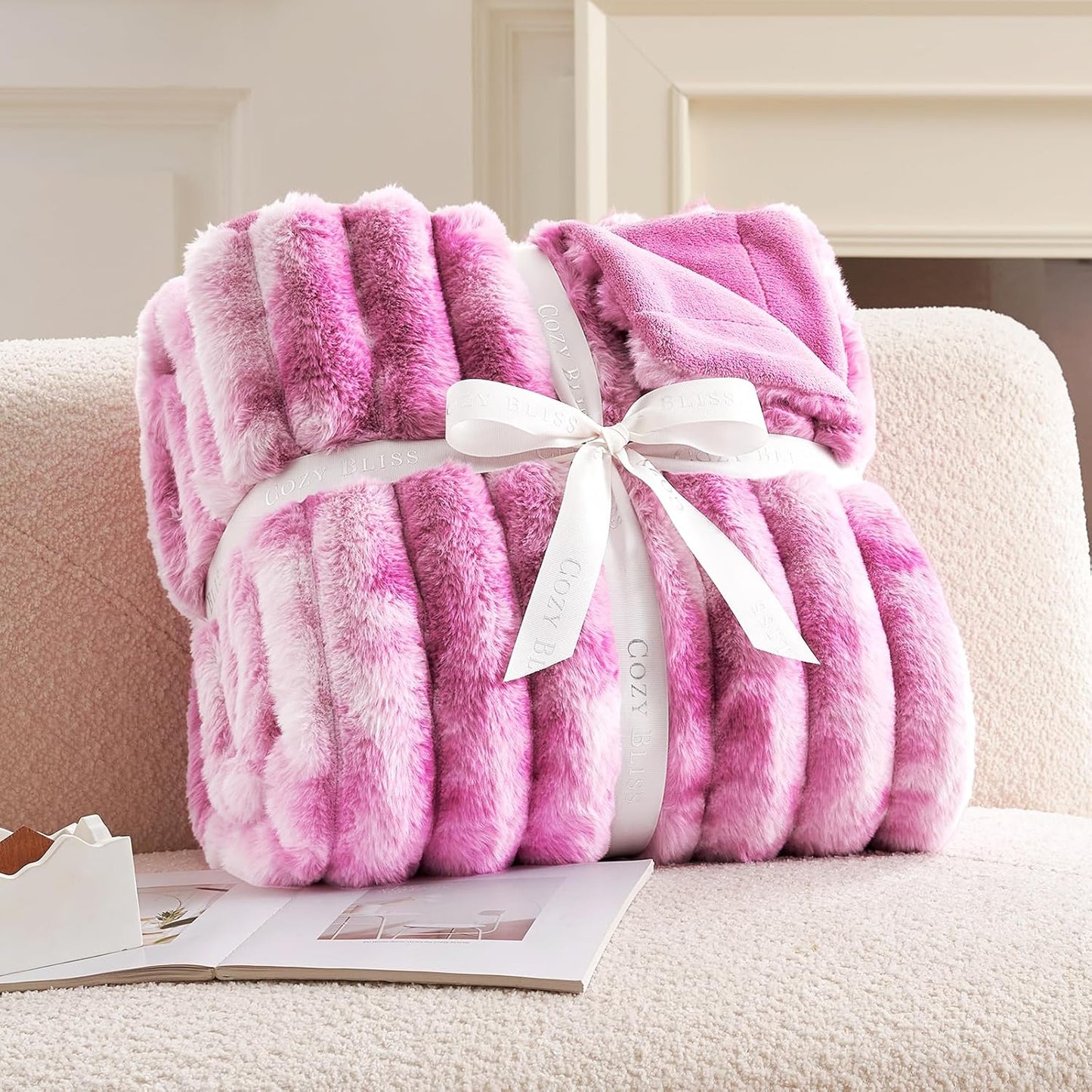 Cozy Bliss Faux Fur Throw Blanket for Couch, Cozy Warm Plush Striped Blanket for Sofa Bedroom Living Room,50 * 60 Inches Tie-dye Pink