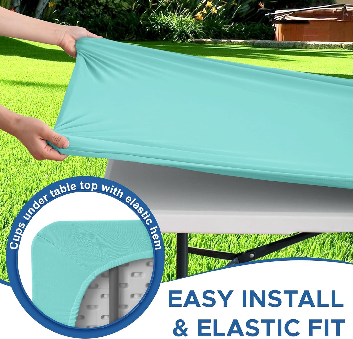 Fitted Tablecloth for 8 foot Rectangle Tables-4 Pack Aqua Blue Elastic Outdoor Picnic Table Cover-Spandex Stretch Folding Table Cloths 8ft for Camping Dining Room Patio Kitchen Banquet Party