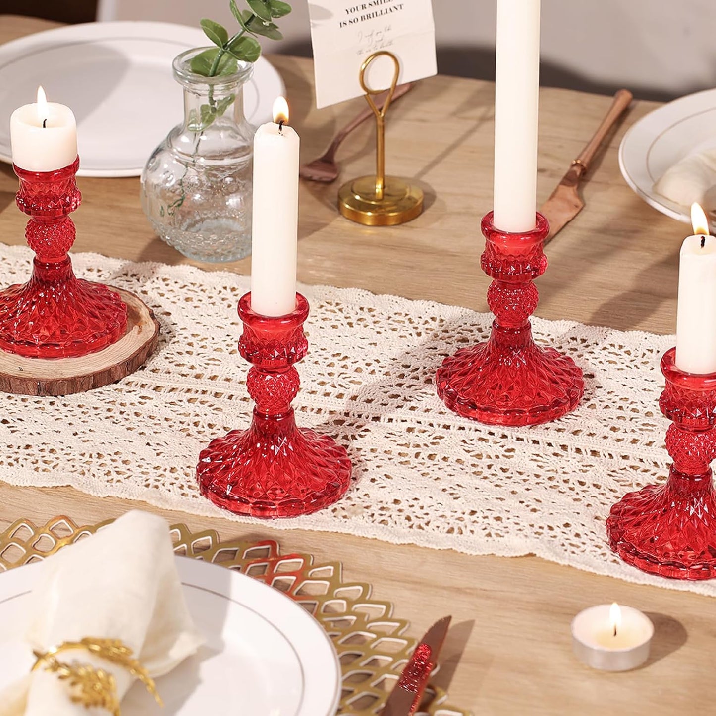 12Pcs Red Candlestick Holders Set- 4" H Taper Candle Holders Bulk, Glass Candle Holders for Activities, Party, Romantic Dinner Table Centerpieces, Festival Gifts & Windowsill Decor