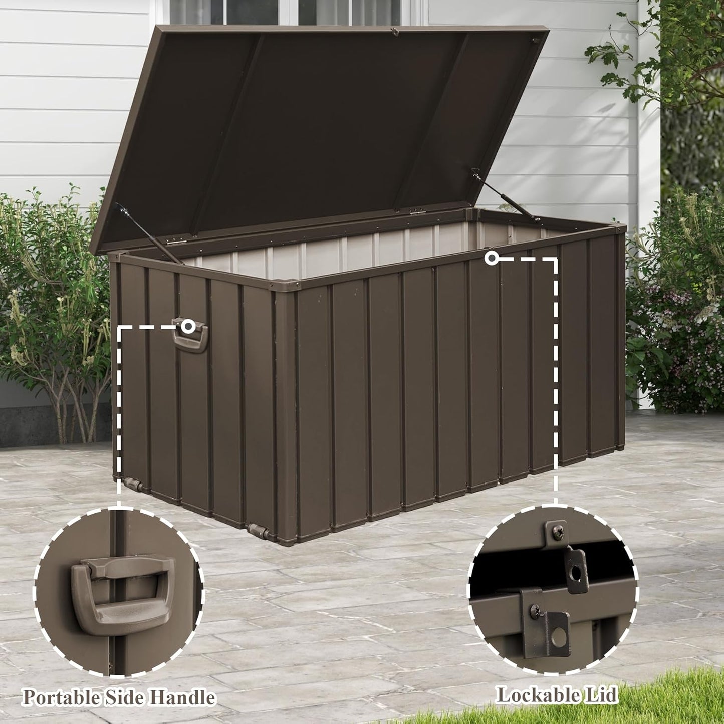 Domi Deck Box 190 Gallon, Waterproof Lockable Steel Outdoor Storage Container for Outside Cushions, Garden Tools and Pools Equipment, Brown