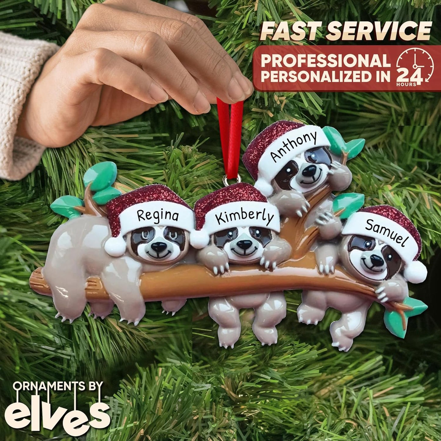 3D Sloth Family of 4 Christmas Ornament 2025 Personalized Family Christmas Ornaments 2025 | Holiday Hangout Sloths Personalized Tree Ornaments Customizable Gifts Tree Hanging Sloth of Four Ornament