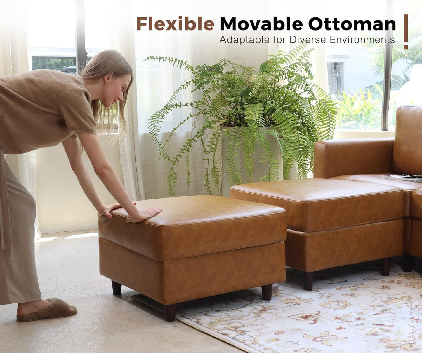 Faux Leather Single Sofa with Storage Ottoman, Modern Accent Chair Deep Seat Large Reading Armchair, Chaise Lounge Chair for Living Room Bedroom Office Brown