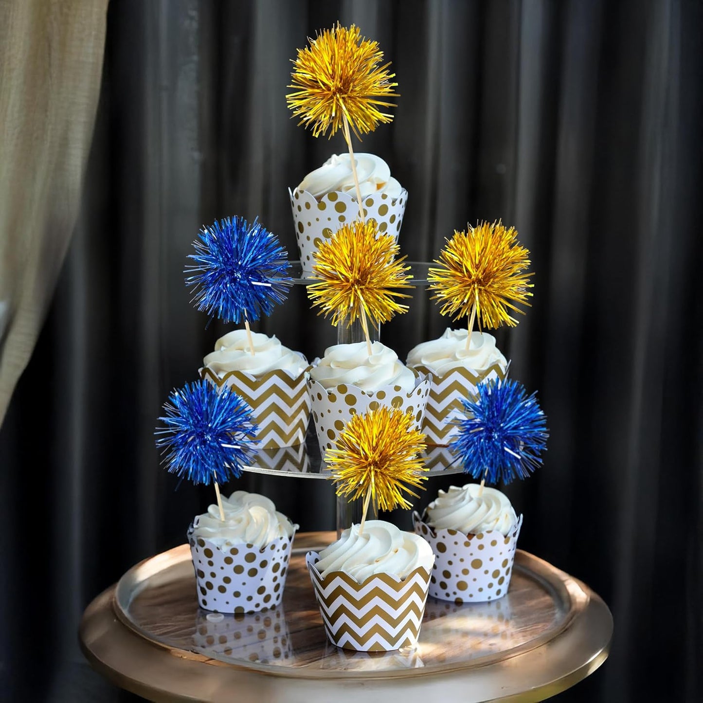 Ephlyn 30Pcs Foil Firework Cupcake Toppers Sparkles Fireworks Sticks Birthday Decorations Sparkle Tinsel Cocktail Fruit Toothpick for Birthday Wedding Graduation Party Cake Decorations Dark Blue Gold