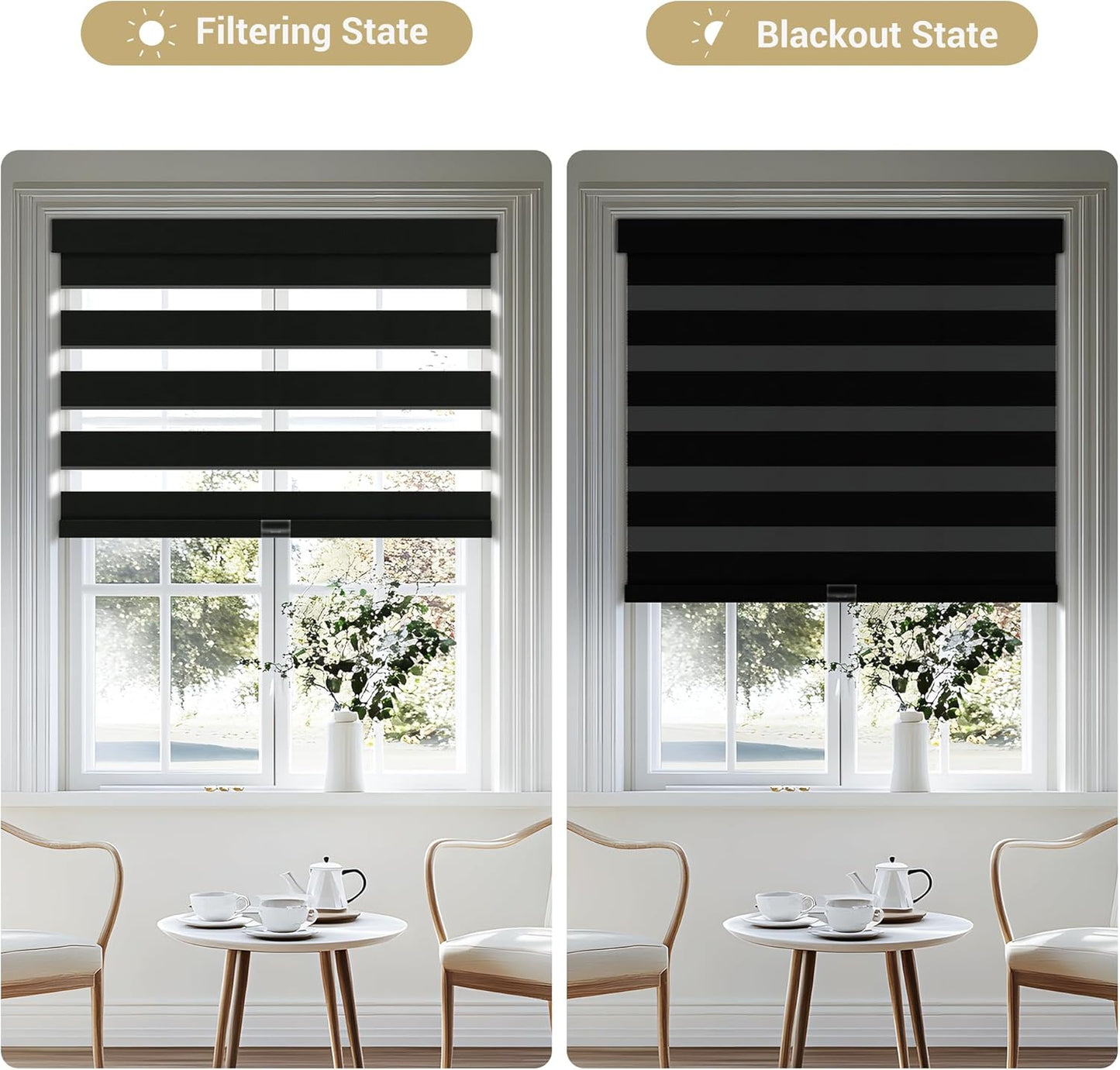 Cordless Zebra Blinds for Windows, Blackout Interior Blinds,Easy to Install,UV Protection,for Offices and Home,Custom Roller Shades, Solid Black, 19" W x 80" H