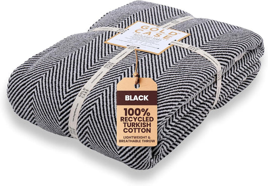 Gold Case Throw Blanket for Bed – 100% Recycled Turkish Cotton Bed Blanket – Decorative Throw Cotton Blankets for Living Room & Bedroom – Woven Twin Blankets - 71x90 - Black