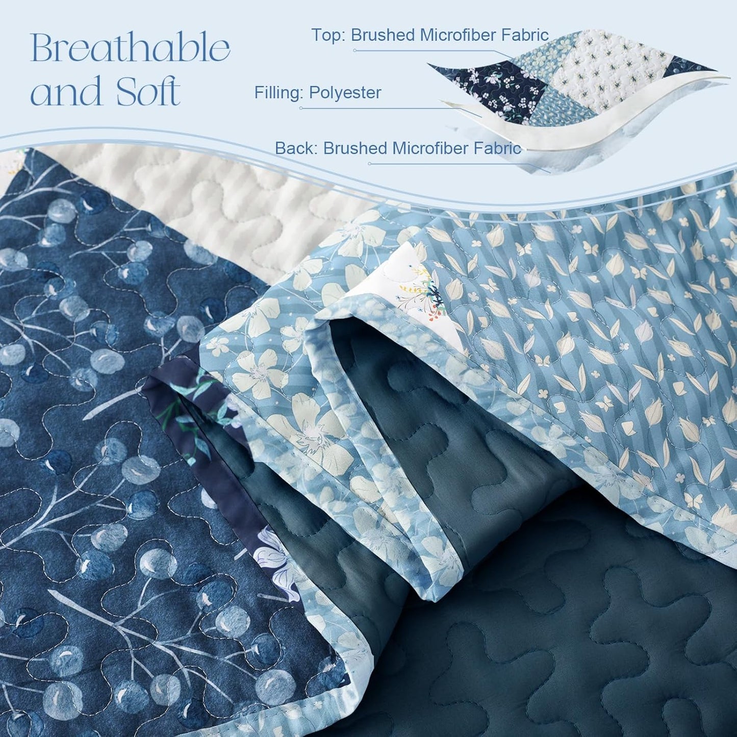 Exclusivo Mezcla Reversible Boho Quilt Set King Size, 3 Pieces Patchwork Blue All Season Bedspreads, Ultra Soft Floral Coverlet Bedding Set with Printed Pattern (1 Quilt, 2 Pillow Shams)