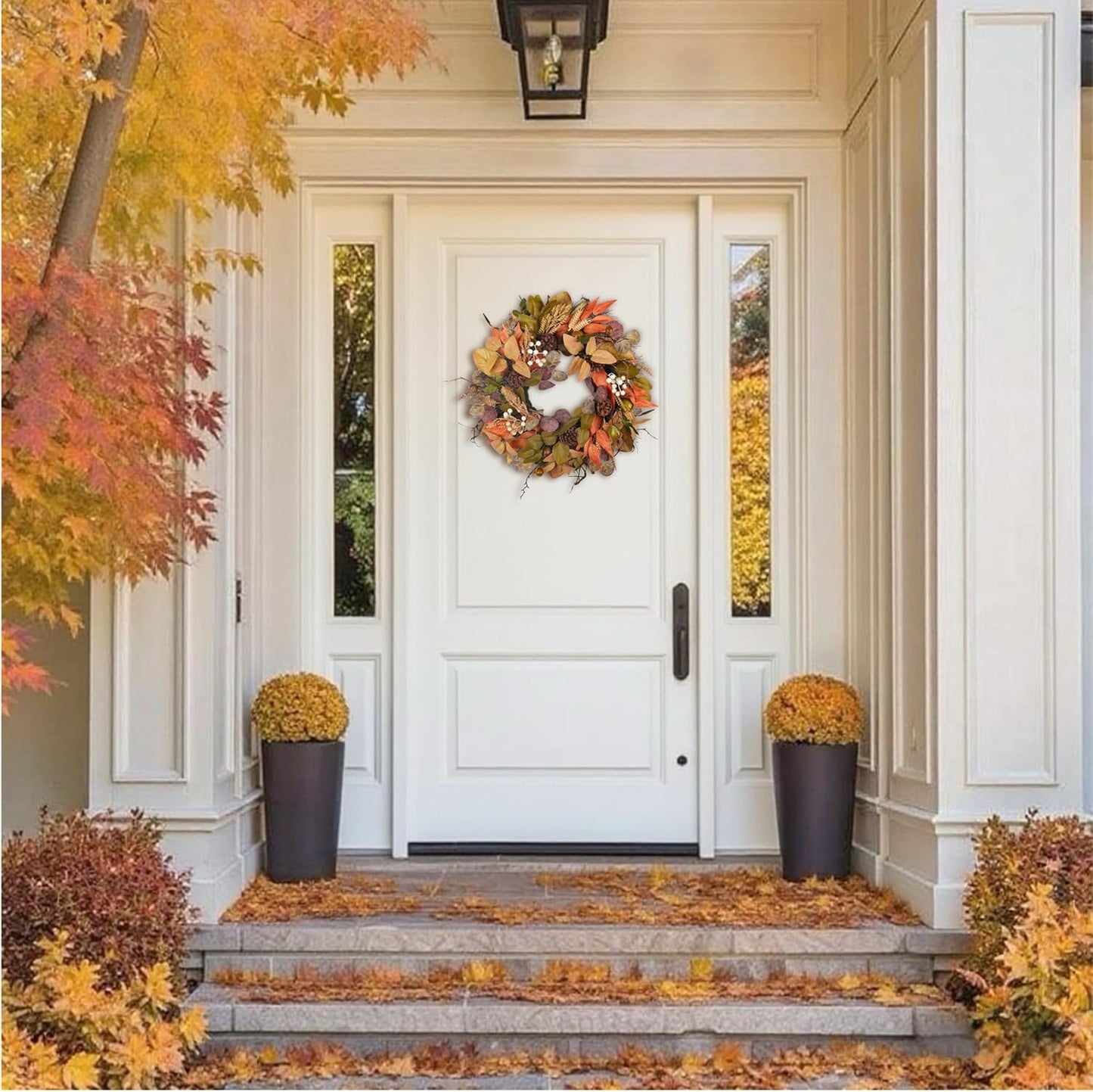 24" Fall Wreath for Front Door Handmade with Artificial Autumn Leaves, Natural Pinecones, Faux Berries and Wheat, Autumn Harvest Wreath Decoration for Home Farmhouse Door Wall Window Porch