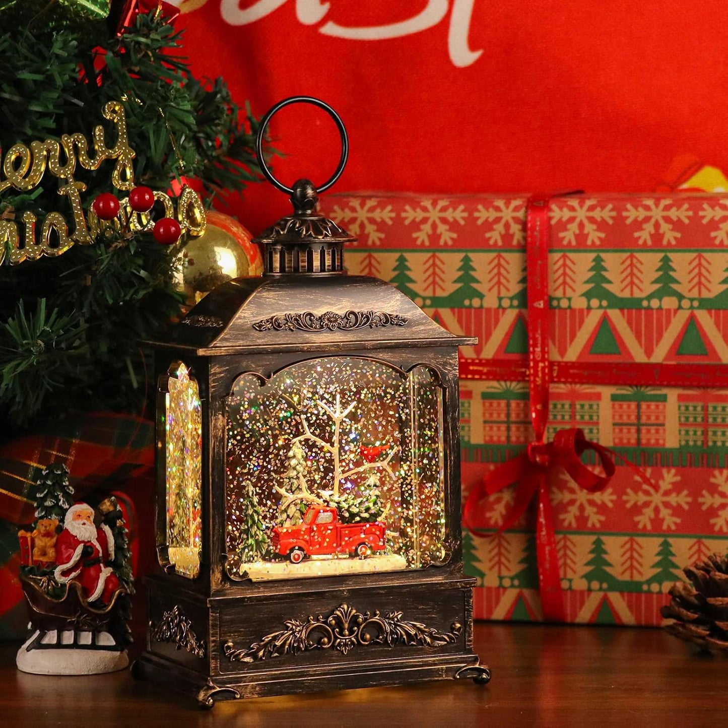 GenSwin Christmas Car Snow Globe Lantern Battery Operated Water Swirling Glitter with 6H Timer, Musical LED Lighted Scene for Christmas Home Decoration Gift