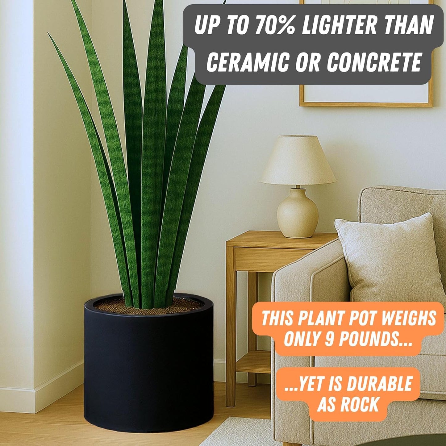 Fox & Fern 14.6 Inch Extra Large Planter — Premium Lightweight Fiberstone Matte Black Plant Pot with Drainage Plug; Big Planter for Indoor & Outdoor Use; Weather Resistant & UV Resistant