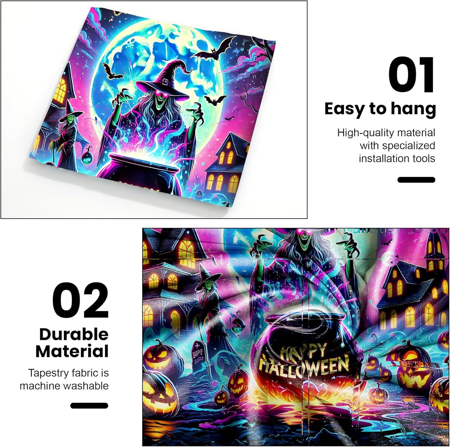 AOHMPT Glow-in-the-Dark Halloween Tapestry - UV Reactive Black Light Wall Hanging Decor for Spooky Parties, Bedroom, Living Room (Witch-Haunted House, 79L x 59W, Unframed)