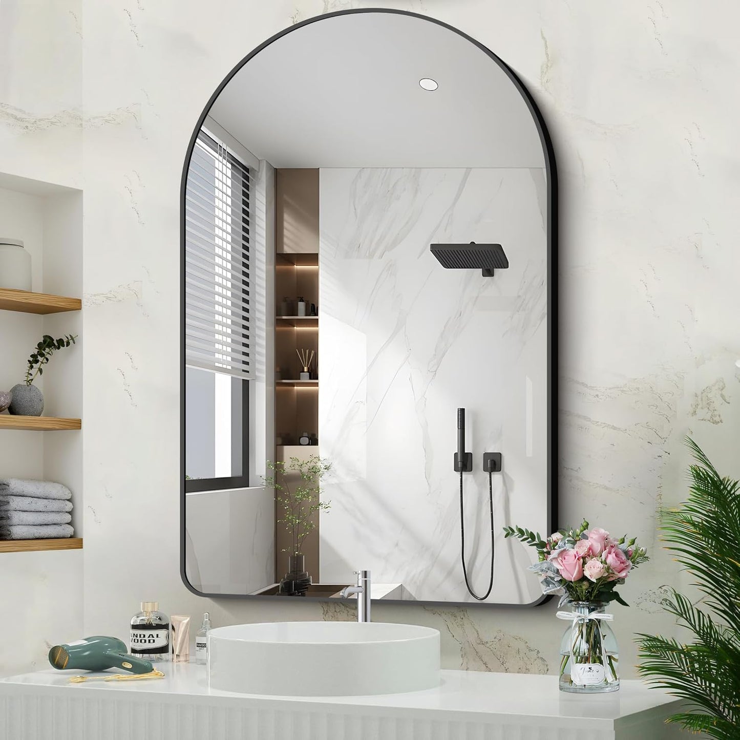 Arched Bathroom Mirror, 32"x48" Black Arched Mirror for Bathroom, Wall Mounted Mirror, Black Vanity Wall Mirror w/Metal Frame for Bedroom, Entryway, Living Room, Hanging or Leaning Against Wall