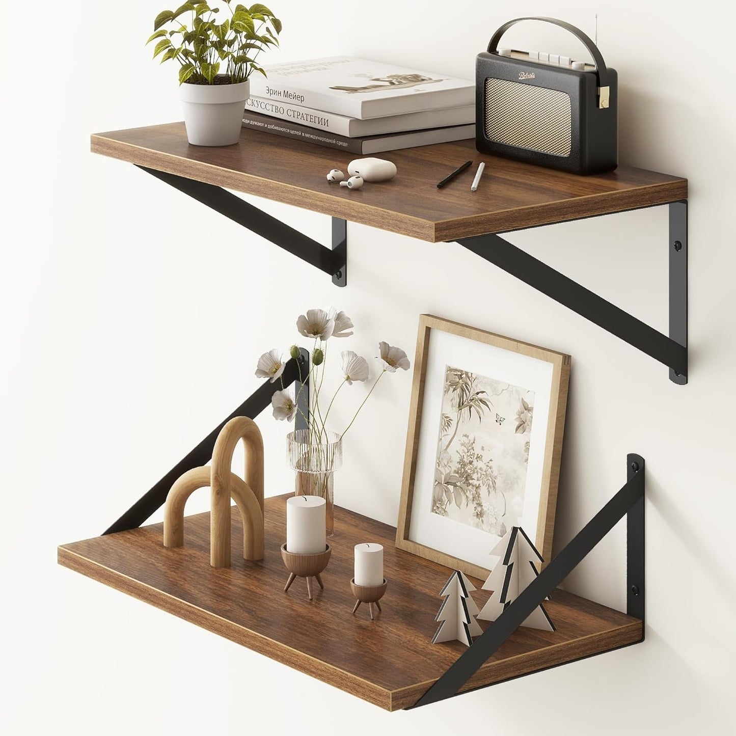 Fun Memories 18" W x10 D Floating Shelves, Farmhouse Wall Shelves Home Decor Shelf, Deep Bathroom Shelves with Bracket, 10 Inch Deep Wall Shelf for Living Room, Kitchen, Bedroom, Walnut, Set of 2