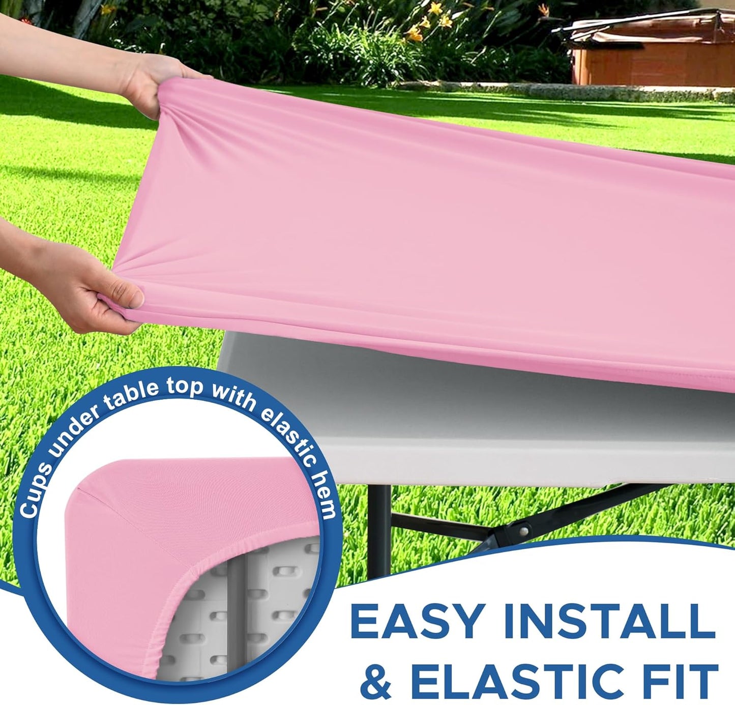 Fitted Tablecloth for 8 Foot Rectangle Tables-6 Pack Pink Elastic Outdoor Picnic Table Cover-Spandex Stretch Folding Table Cloths 8ft for Camping Dining Room Patio Kitchen Banquet Party