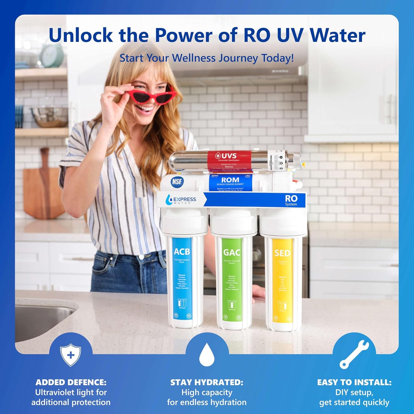 Express Water Ultraviolet Reverse Osmosis Water Filtration System – 6 Stage RO UV Water Filter with Faucet and Tank – UV Under Sink Water Filter – 100 GPD