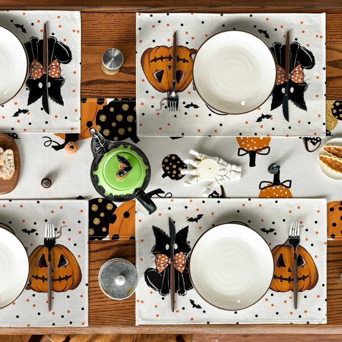 Artoid Mode Beige Polka Dot Ghost Pumpkin Cat Boo Halloween Placemats Set of 4, 12x18 Inch Seasonal Table Mats for Party Kitchen Dining Decoration