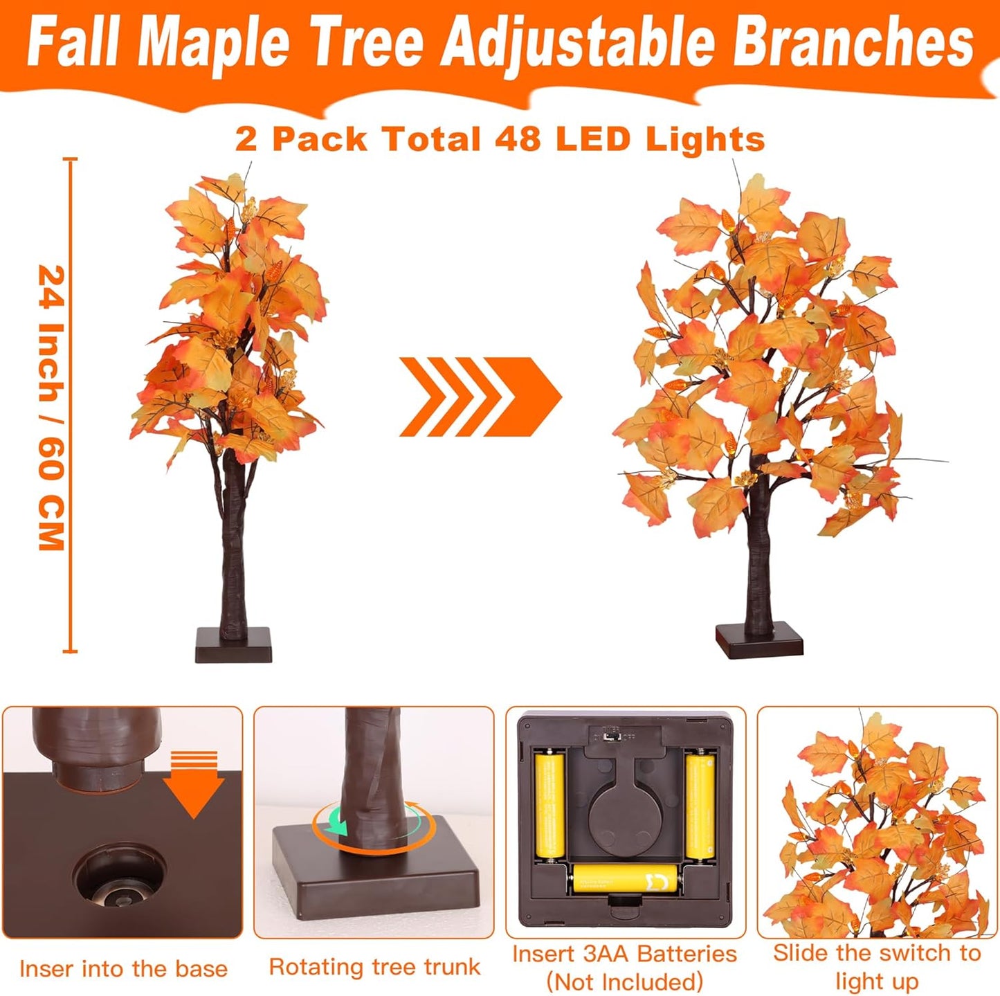 2 Pack 24 Inch Prelit Fall Maple Tree Fall Decor with 48 LEDs Timer Battery Operated Artificial Fall Light Up Tree Maple Acorn for Fall Thanksgiving Decorations Table Home Office Indoor Autumn Harvest