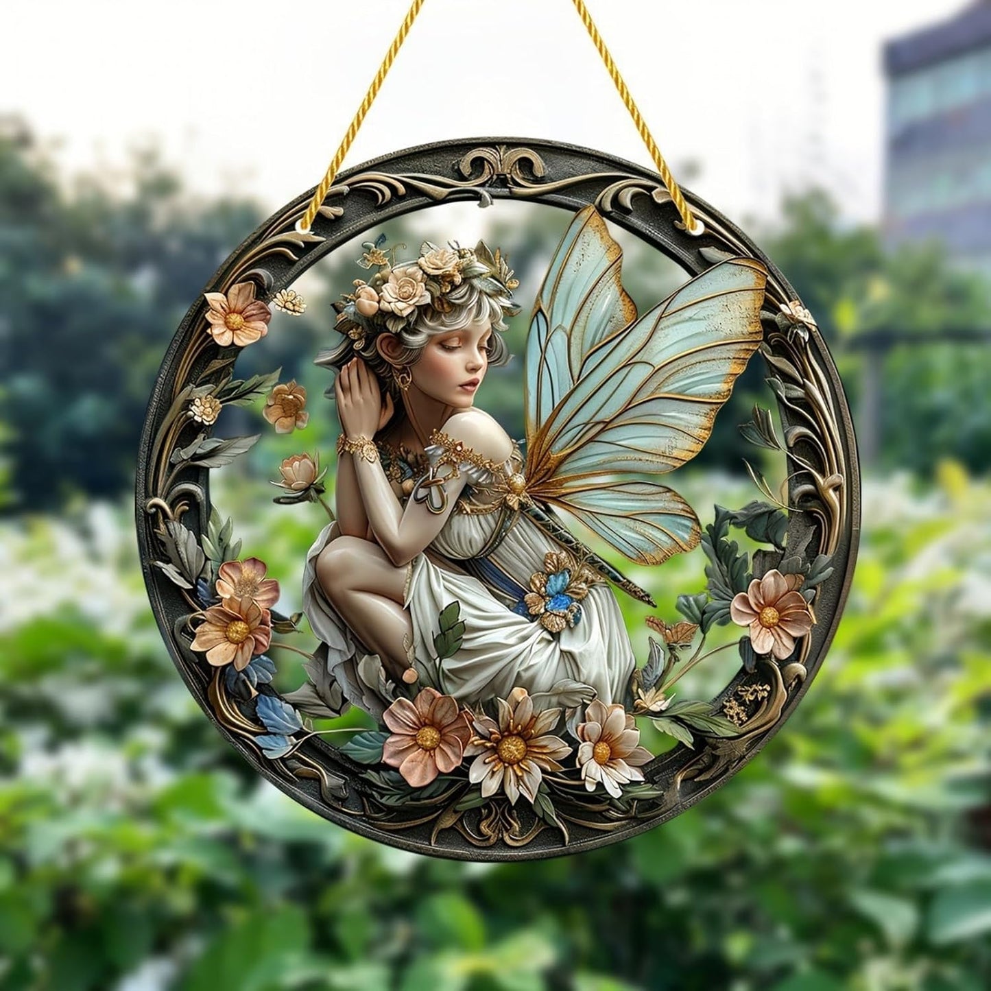 Flower Fairy Garden Decorations Angel Wing Christmas Halloween Deco Statue Art Elf Sculpture Hanging Craft for Outdoor Yard Courtyard Lawn Patio Window Acrylic Ornament Home Gift (A,L: 8*8 IN)