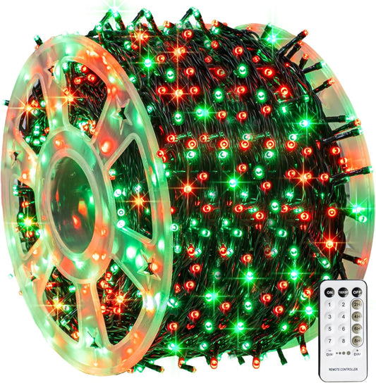 Dazzle Bright Outdoor Christmas String Lights, 1000 LED 328 FT Plug in Fairy Light with Remote Control 8 Modes & Timer, Waterproof Decoration for Home Garden Yard Xmas Wedding, Red & Green
