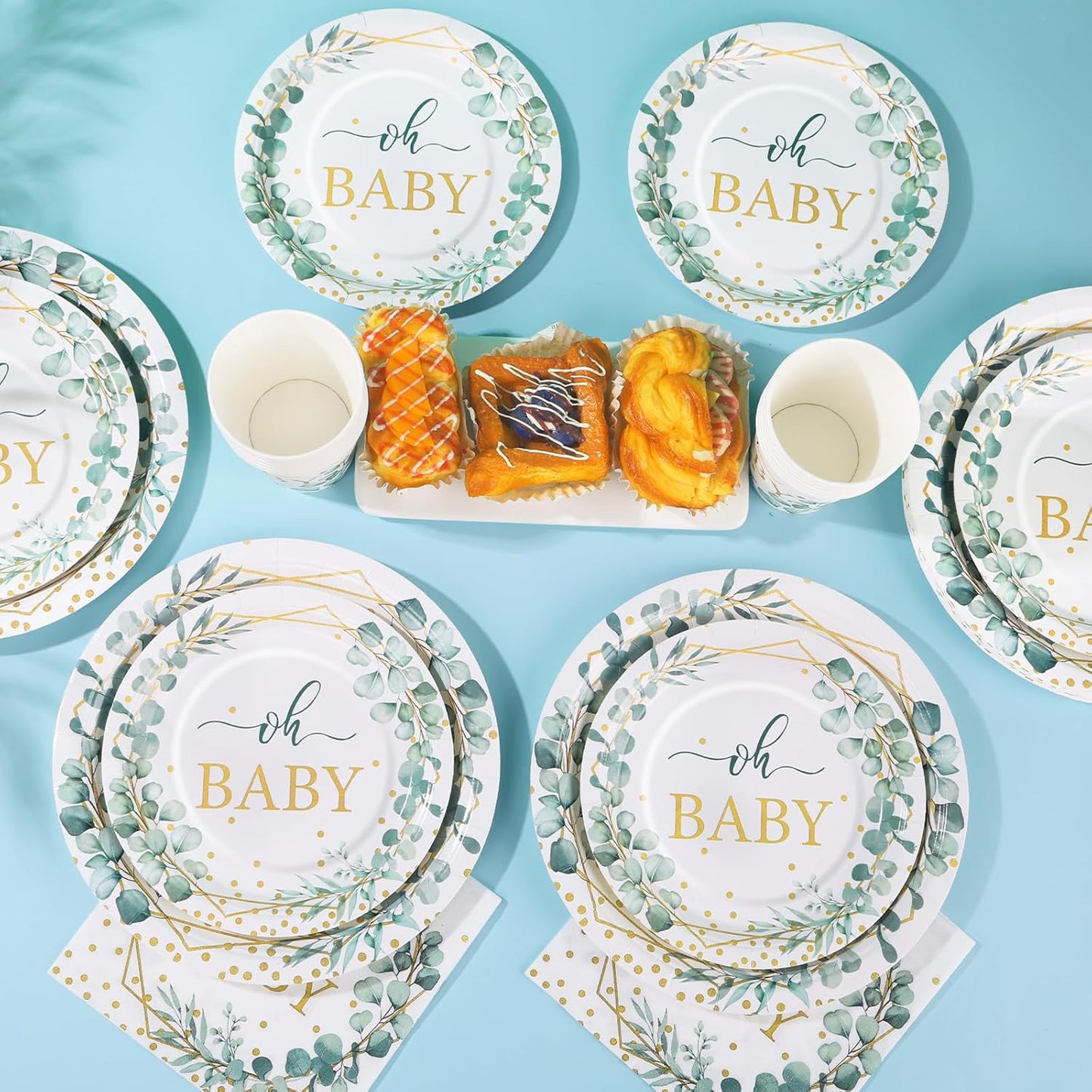 140PCS Sage Green Baby Shower Decorations for Boy, Baby Shower Plates and Cups and Napkins Sets Serves 20, for Eucalyptus Boho Boy Neutral