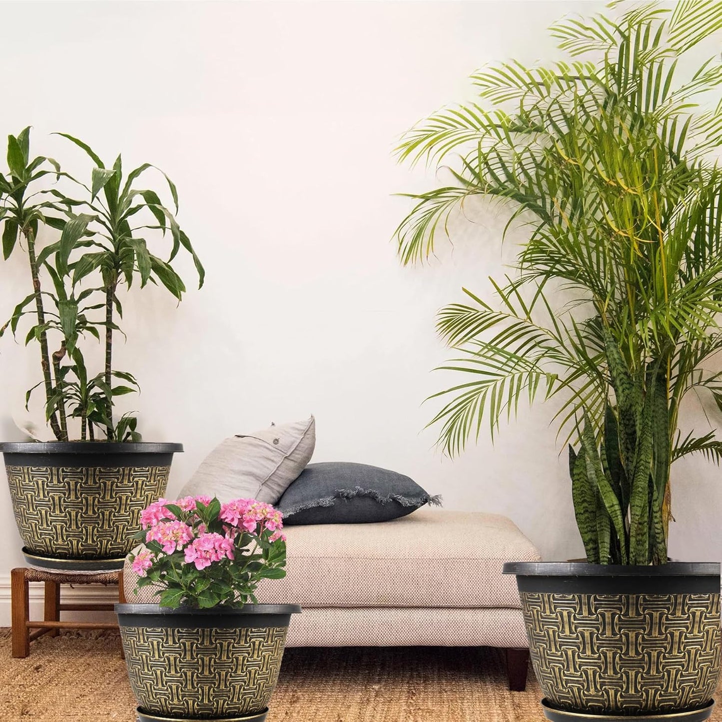 8 Inch Plant Pots, 4 Pack Flower Pot Outdoor with Drainage Holes & Trays, Retro Antique Imitation Decorative Garden Plastic Planters Pots for Plants Indoor Sets for Houseplants