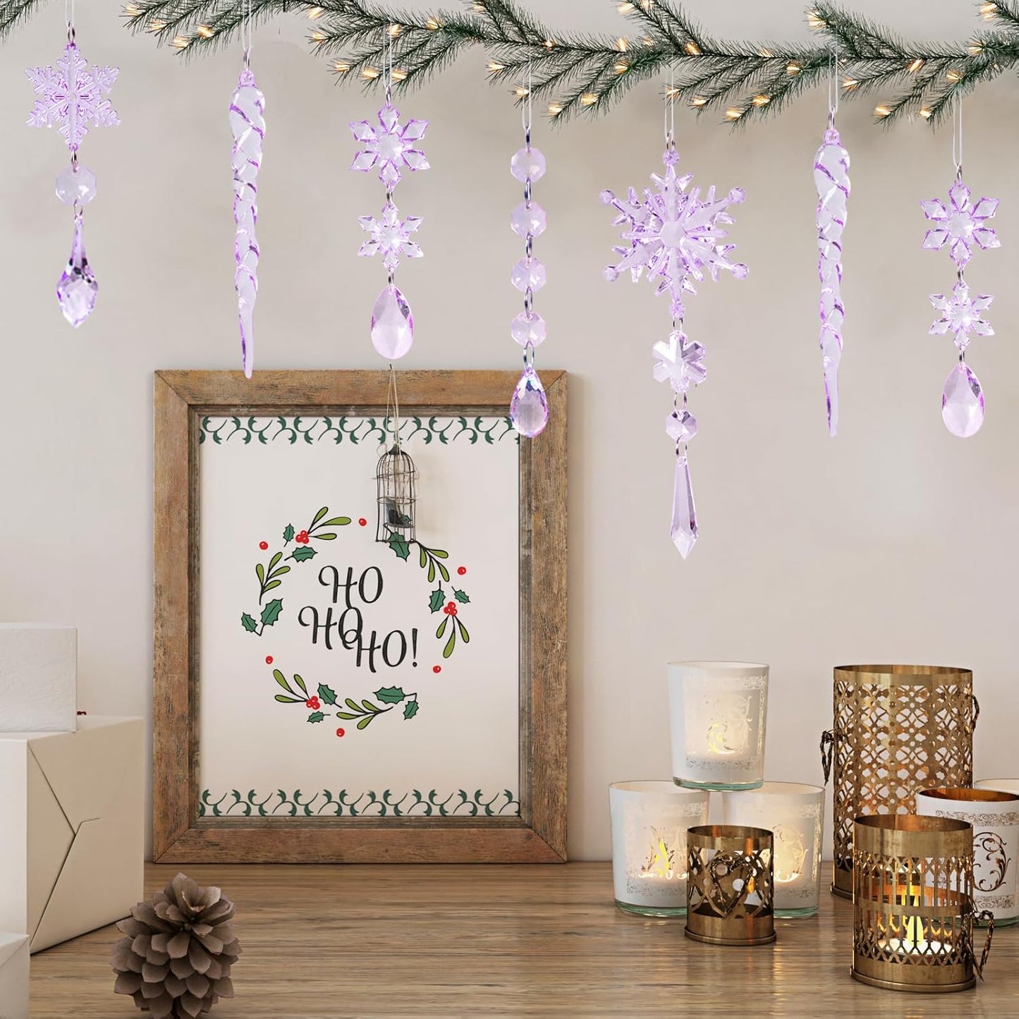 32pcs Crystal Christmas Ornaments for Christmas Tree Decorations-Purple Hanging Acrylic Snowflake and Icicle Ornaments with Drop Pendants for Xmas Winter Wonderland New Year Party Decorations Supplies