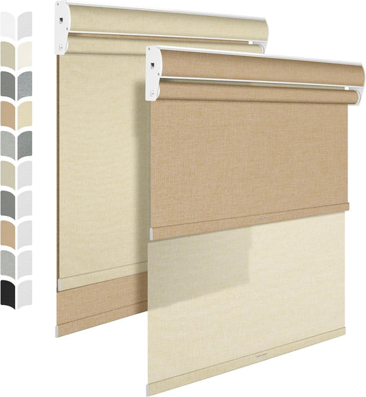 BERISSA Cordless Dual Roller Shades with Cassette Valance, Double Window Shades - Blackout and Light Filtering - Day and Night - Linen Beige, 55 W x 56" H