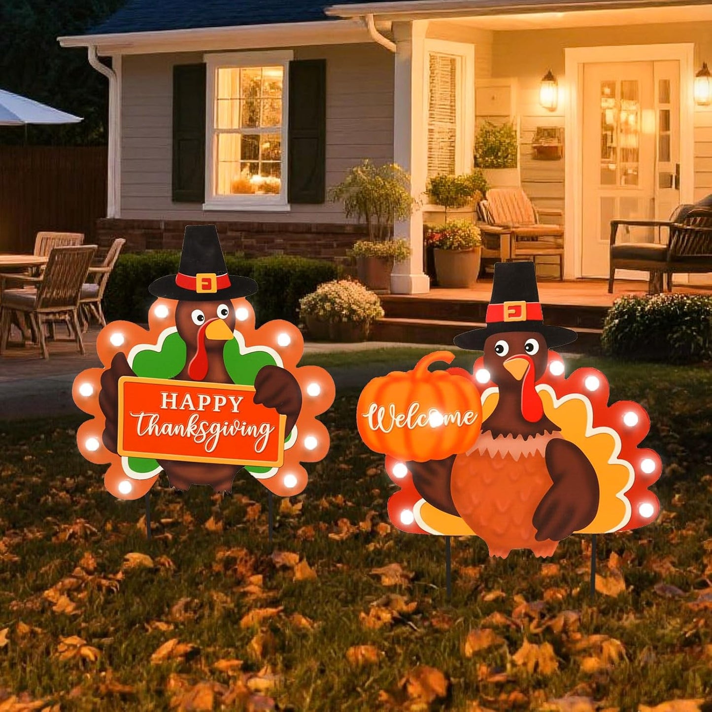 2 PCS Fall Decorations Outdoor Metal Happy Thanksgiving Decorative Garden Stakes with Led Light Welcome Pumpkin Turkey Yard Signs Fall Harvest Lawn Garden Lawn Pathway Decor