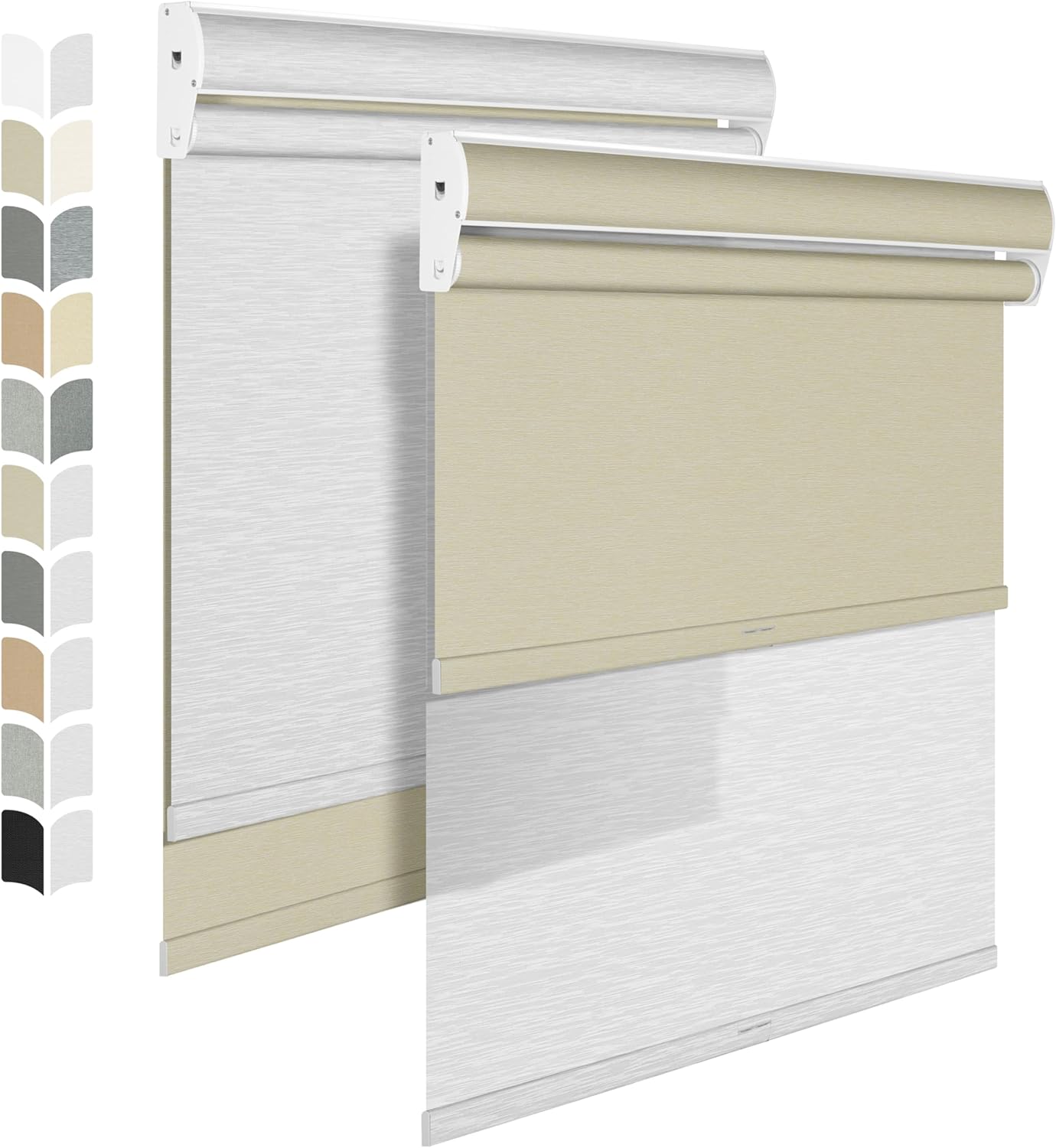 BERISSA Cordless Dual Roller Shades with Cassette Valance, Double Window Shades - Blackout and Light Filtering, Day and Night for Home Office Door. Beige and White. 54 W x 64" H