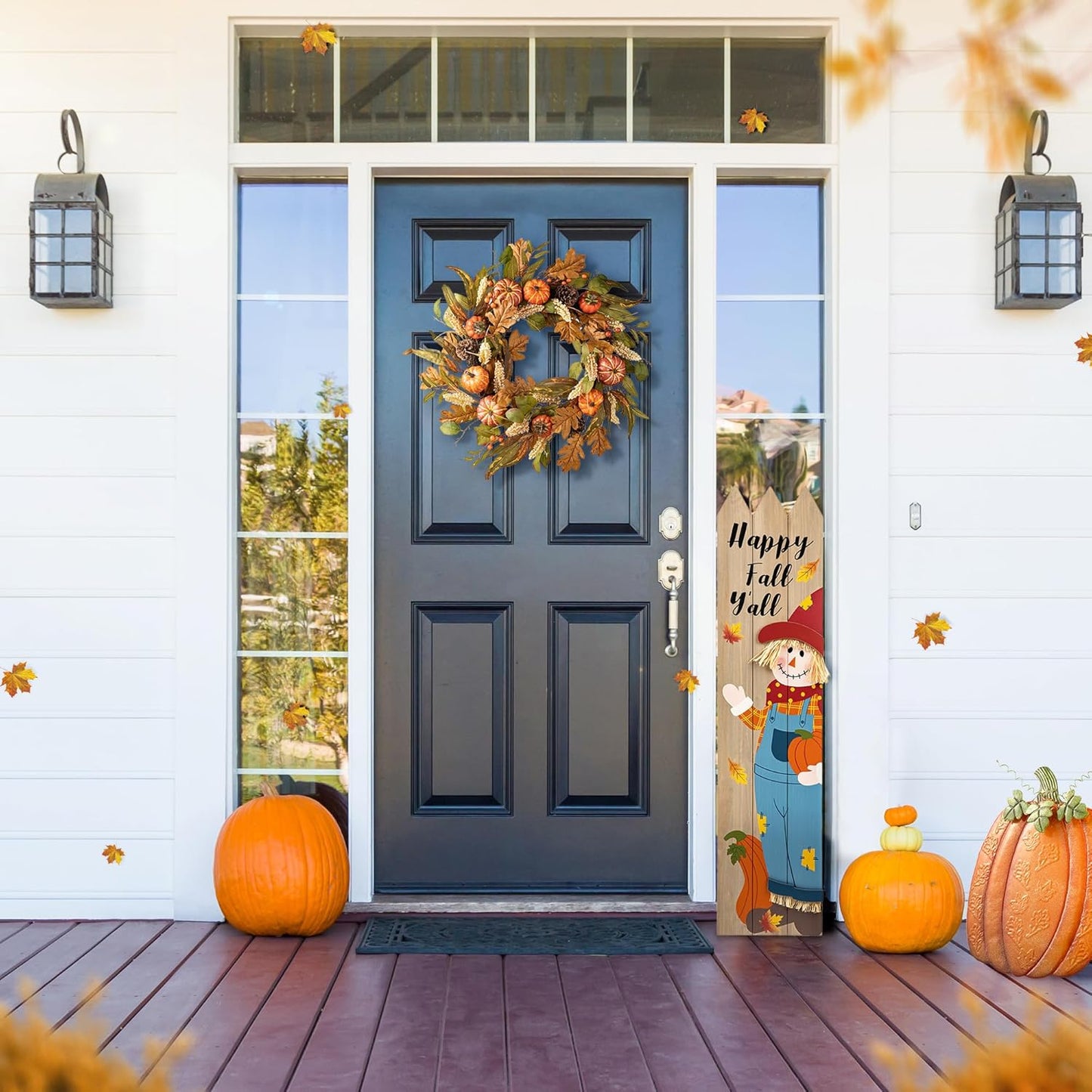 Glitzhome 24''D Fall Pumpkin Leaf Floral Wreath Decor, Artificial Harvest Door Wreath for Autumn or Thanksgiving Decoration