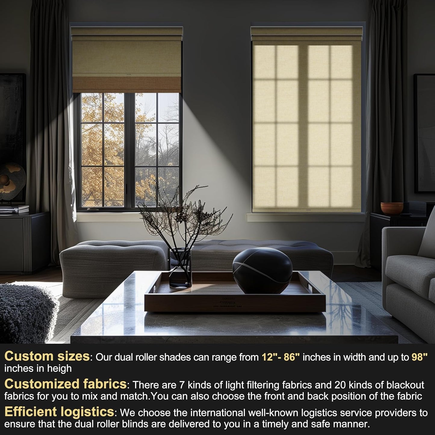 BERISSA Cordless Dual Roller Shades with Cassette Valance, Double Window Shades - Blackout and Light Filtering, Day and Night for Home Office Door. Linen Beige. 40 W x 72" H