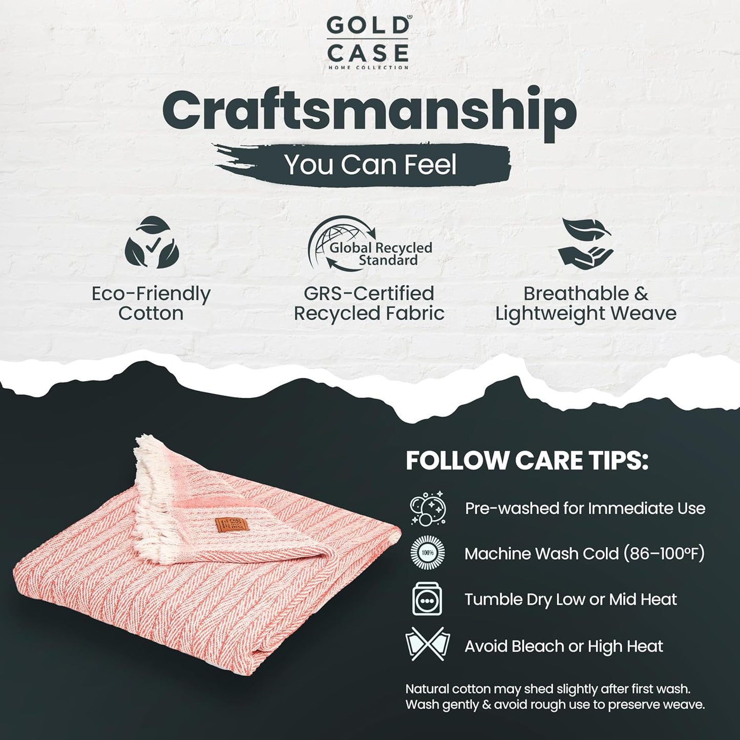 Gold Case Throw Blanket for Couch – 100% Recycled Turkish Cotton Blankets & Throws – Elegant Decorative Throw Blankets for Living Room Sofa – Woven Throws for Couch – Vintage Orange – 60x80