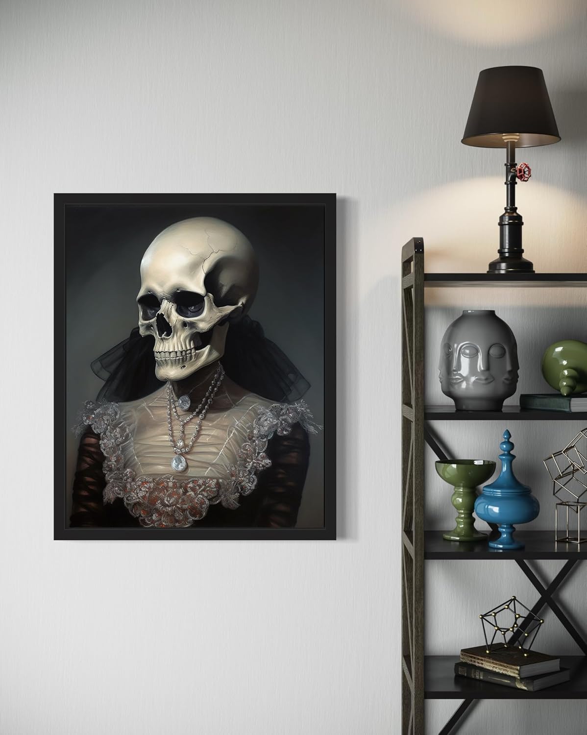 Female Skull Poster Art Print, Halloween Scary Vintage Wall Art Academia Spooky Painting Decoration for Horror Prints, Gothic Posters Bedroom Decor 89 (Female Skull, 8 x 10 inches, Black Frame)