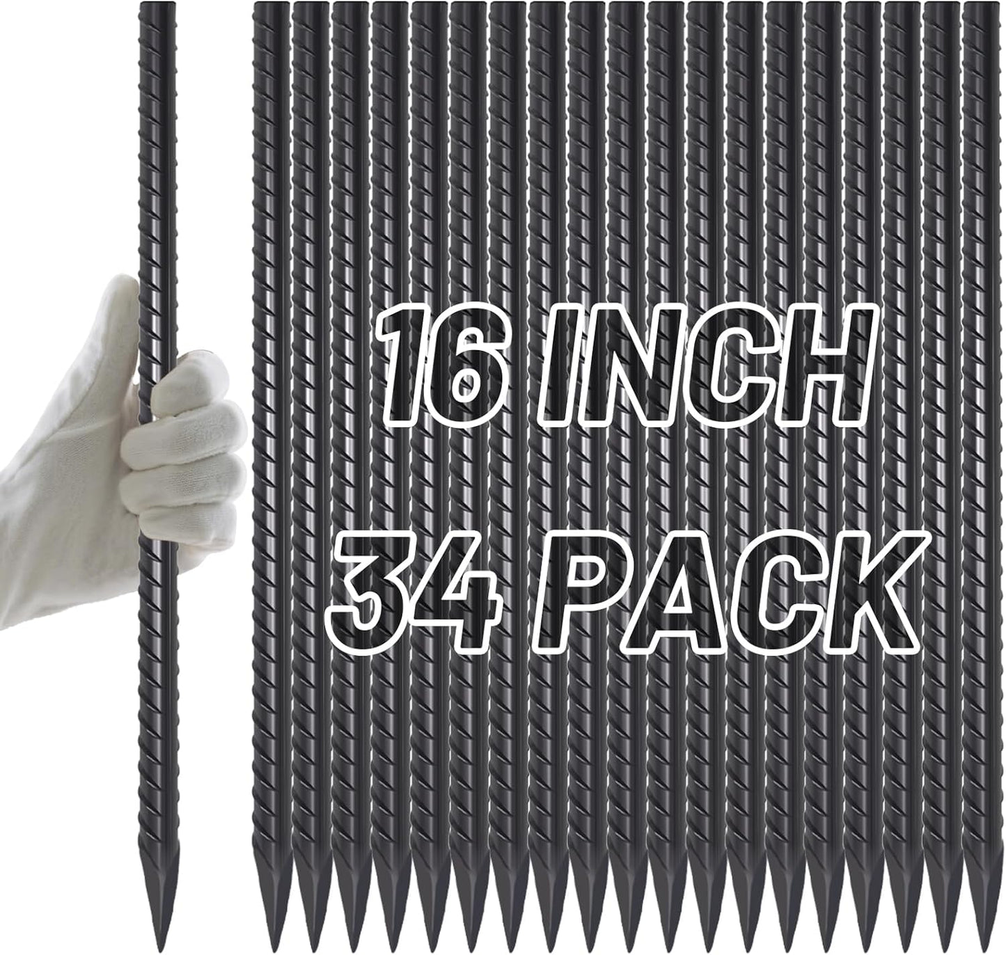 AAGUT Rebar Stakes 16 inch (34pcs) Heavy Duty 3/8” Ground Anchors Steel Garden Stakes Metal Straight Camping Tent Spikes with Chisel Point End for Hard Soil, Black Powder Coated