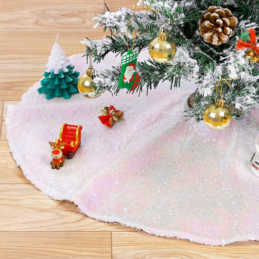 36 Inch Christmas Tree Skirt Iridescent White Tree Skirt Small Sequin Tree Mat for Merry Christmas Party Christmas Tree Decoration