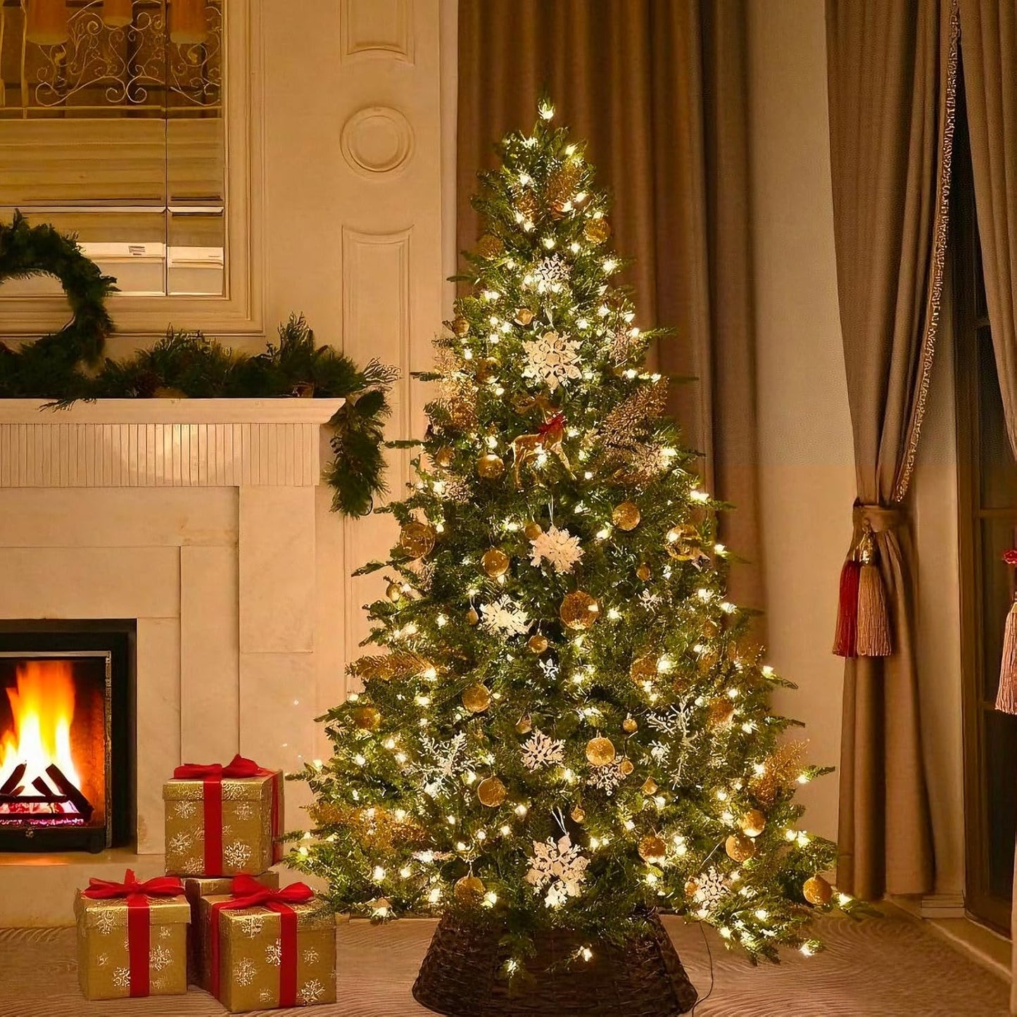 6.5 FT Pre-Lit Artificial Christmas Tree with 1706 PE&PVC Mixed Branch Tips, 450 Warm White Lights, Hinged Premium Spruce Fake Xmas Trees, Green, Foldable Base