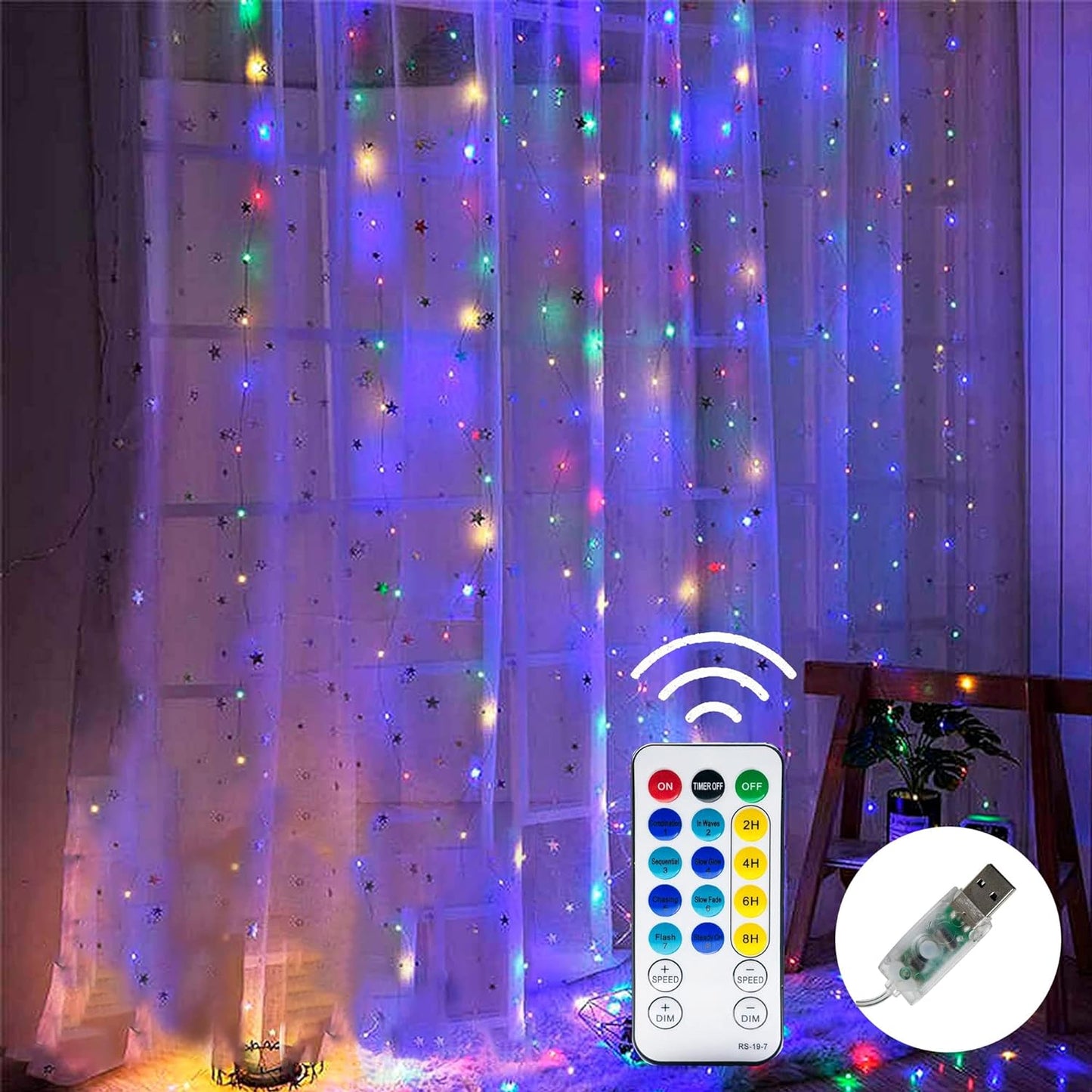 Dazzle Bright Window Curtain String Lights, 300 LED 9.8ft x 9.8ft Multicolor Fairy Lights with 8 Lighting Modes, Waterproof Lights for Bedroom Party Wedding Home Garden Wall Decor