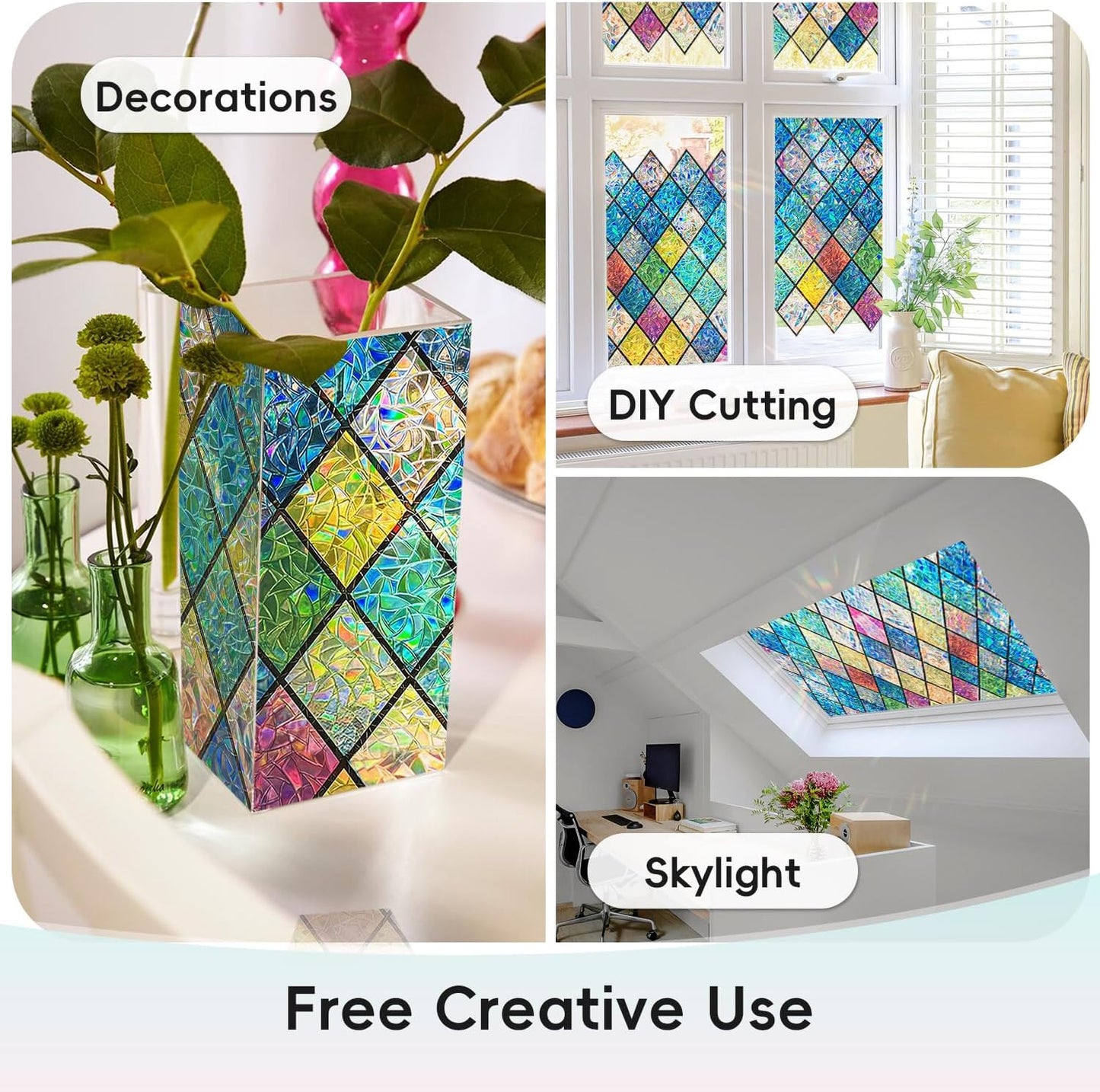 DUOFIRE Stained Glass Window Film Decorative Window Privacy Film Rainbow Diamond Grid Colorful Lattice Windows Cling Anti UV Static Cling Reusable Windows Decal for Home 23.6×78.7 inch