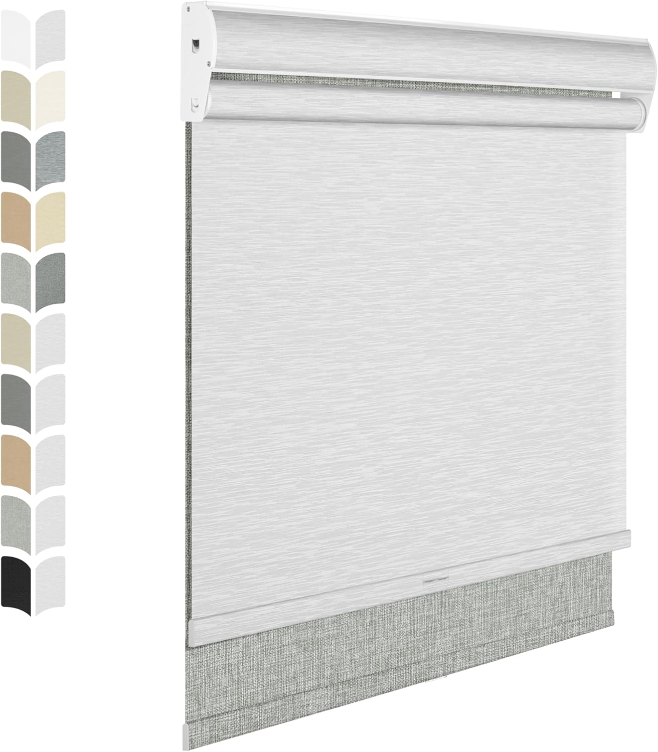 BERISSA Cordless Dual Roller Shades with Cassette Valance - Double Blackout and Light Filtering Shades for Home Office Door - Linen Grey and White - 56 W x 64" H