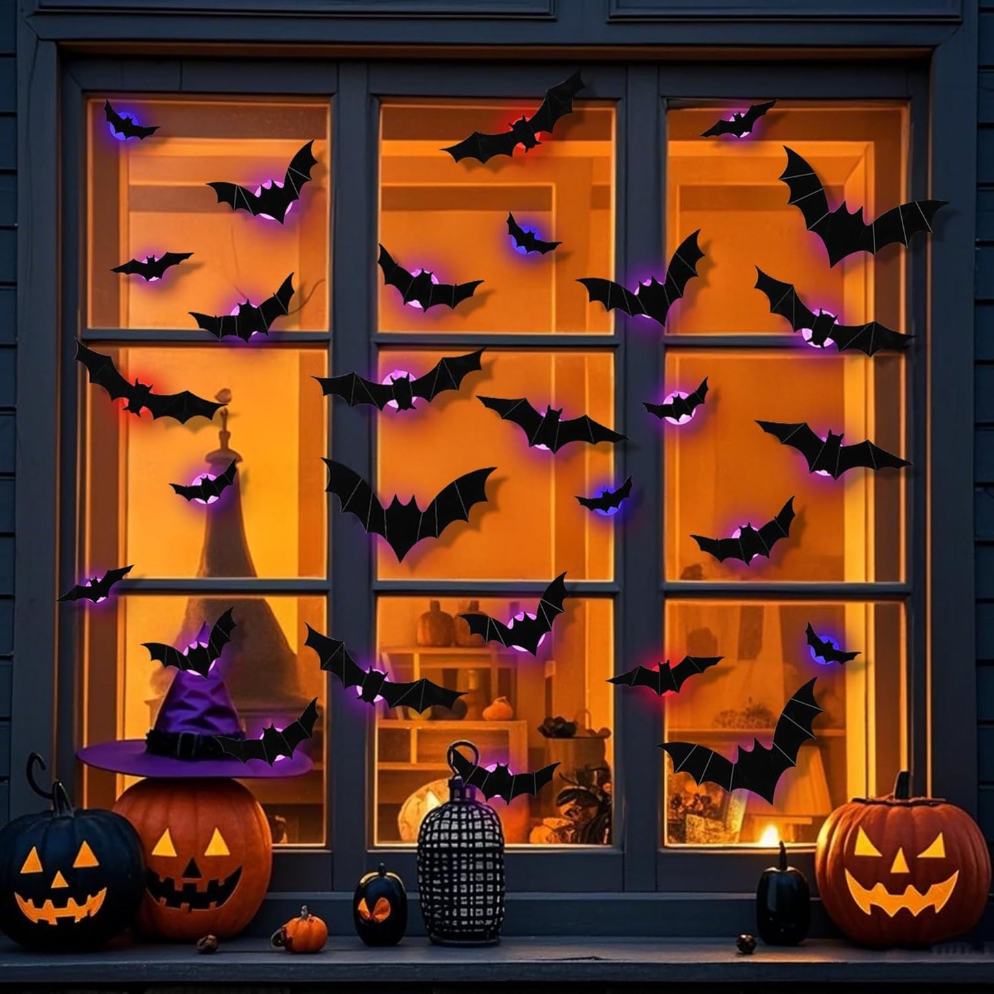 DR.DUDU 36 Pack Halloween Bats Wall Decor – Lighted 3D Bat Stickers Assorted Size for Halloween Party, Bedroom Window Decorations, Indoor and Outdoor Home Decals