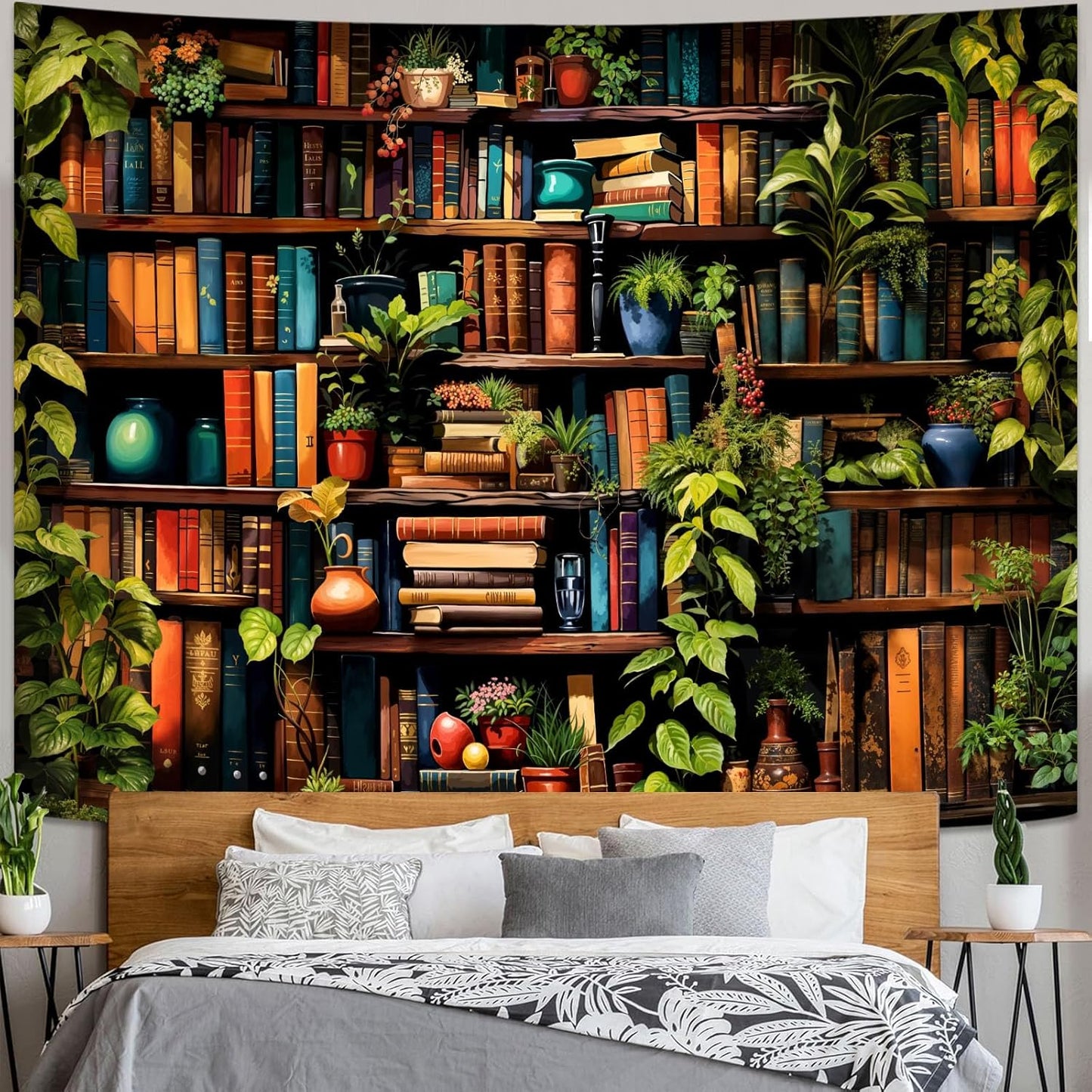 Accnicc Botanical Bookshelf Tapestry Lush Green Plant Book Shelf Tapestries Wall Hanging Vintage Retro Potted Plants Academics Extra Large Library Tapestry for Bedroom Living Room Dorm 90 x 68 inch