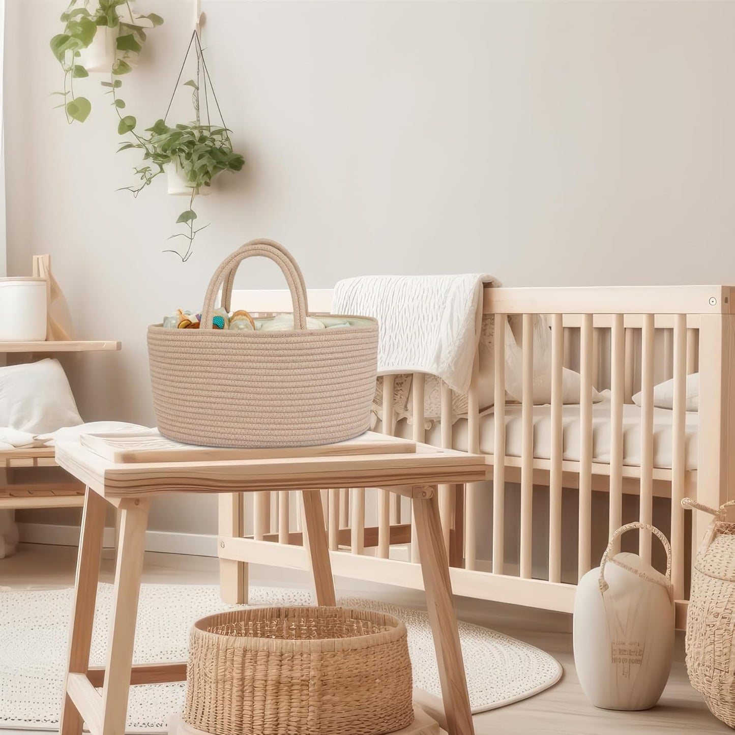 Diaper Caddy Organizer Cotton Rope Baby Basket Nursery Storage and Portable Tote Bag for Car Ideal Baby Shower Gifts and Registry Must-Have for Newborn Essentials Large konjak