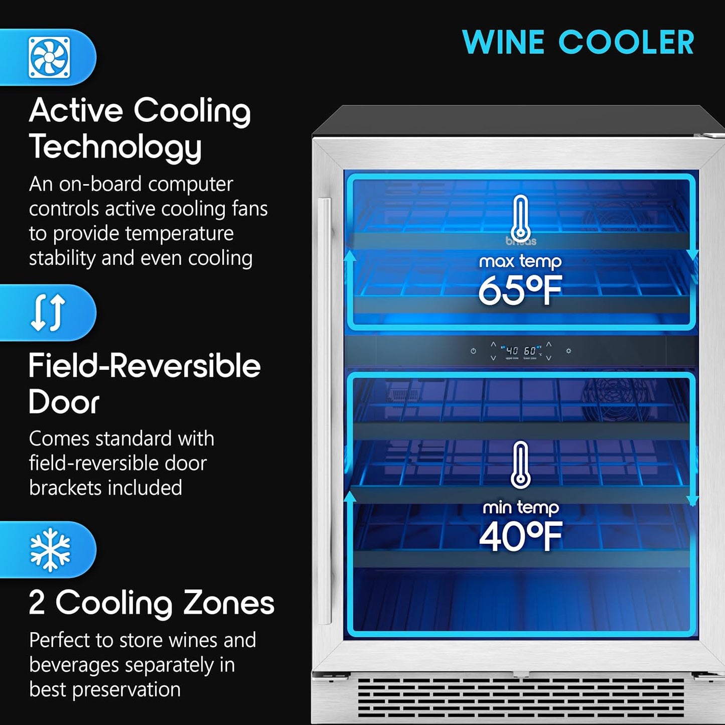 Zephyr BWN24C02AG Brisas 24 Inch Wide 46 Bottle Capacity Built-In or Freestanding Wine Cooler with Dual-Pane Door - Stainless Steel