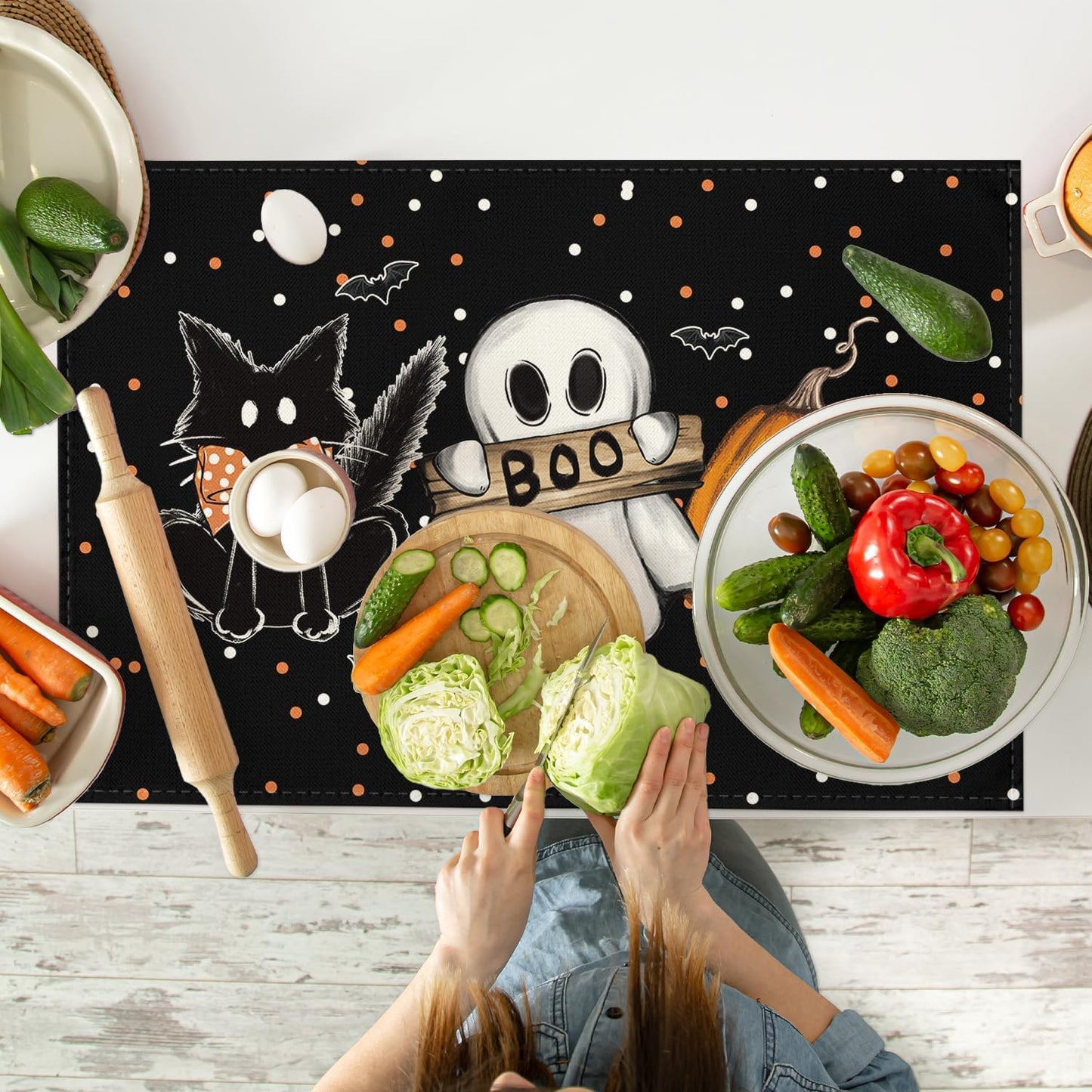 Artoid Mode Cat Ghost Pumpkin Halloween Placemats, 24x36 Inch Extra Large Table Mats for Kitchen Countertop Protector Dining Decoration
