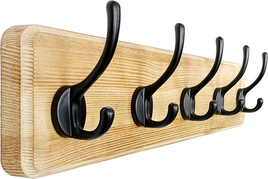 Dseap Coat Rack Wall: Patented, Heavy-Duty, 5-Double-Hooks Wooden Wall Mounted Coat Rack Coat Hanger Hook Rail for Winter Coats Hat Jacket Clothing, Light Brown